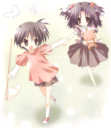 paco, ichinose kotomi, okazaki tomoya, clannad, 00s, 1boy, 1girl, :d, aged down, hair bobbles, hair ornament, holding another's arm, open mouth, smile, two side up