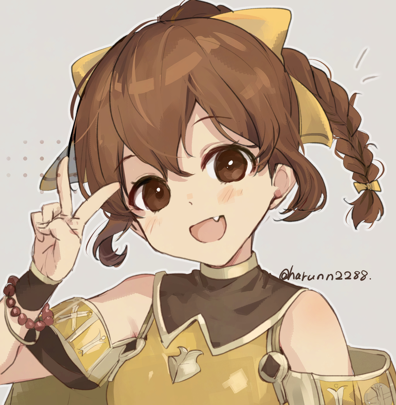 haru (nakajou-28), delthea (fire emblem), fire emblem, fire emblem echoes: shadows of valentia, nintendo, highres, 1girl, armor, bare shoulders, blush, bow, bracelet, breastplate, breasts, brown cape, brown eyes, brown hair, cape, dress, fang, hair bow, jewelry, long hair, looking at viewer, open mouth, ponytail, simple background, skin fang, small breasts, smile, solo, upper body, v, yellow bow