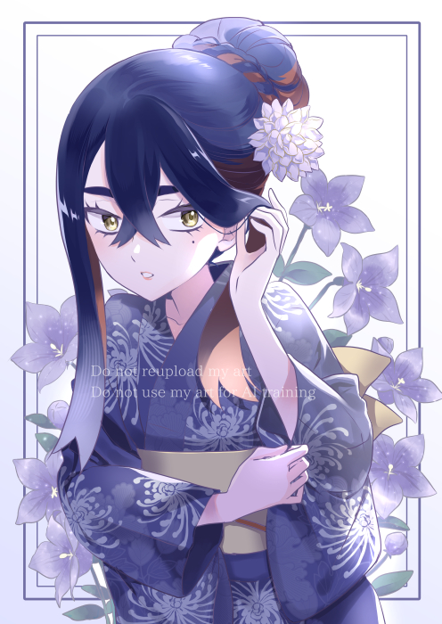 morisawa machi, carmine (pokemon), nintendo, pokemon, pokemon sv, commentary request, 1girl, alternate costume, black hair, crossed bangs, eyelashes, floral print, flower, hair between eyes, hair bun, hand up, japanese clothes, kimono, mole, mole under eye, print kimono, purple flower, sash, sidelocks, solo, tucking hair, watermark, yellow eyes, yellow sash