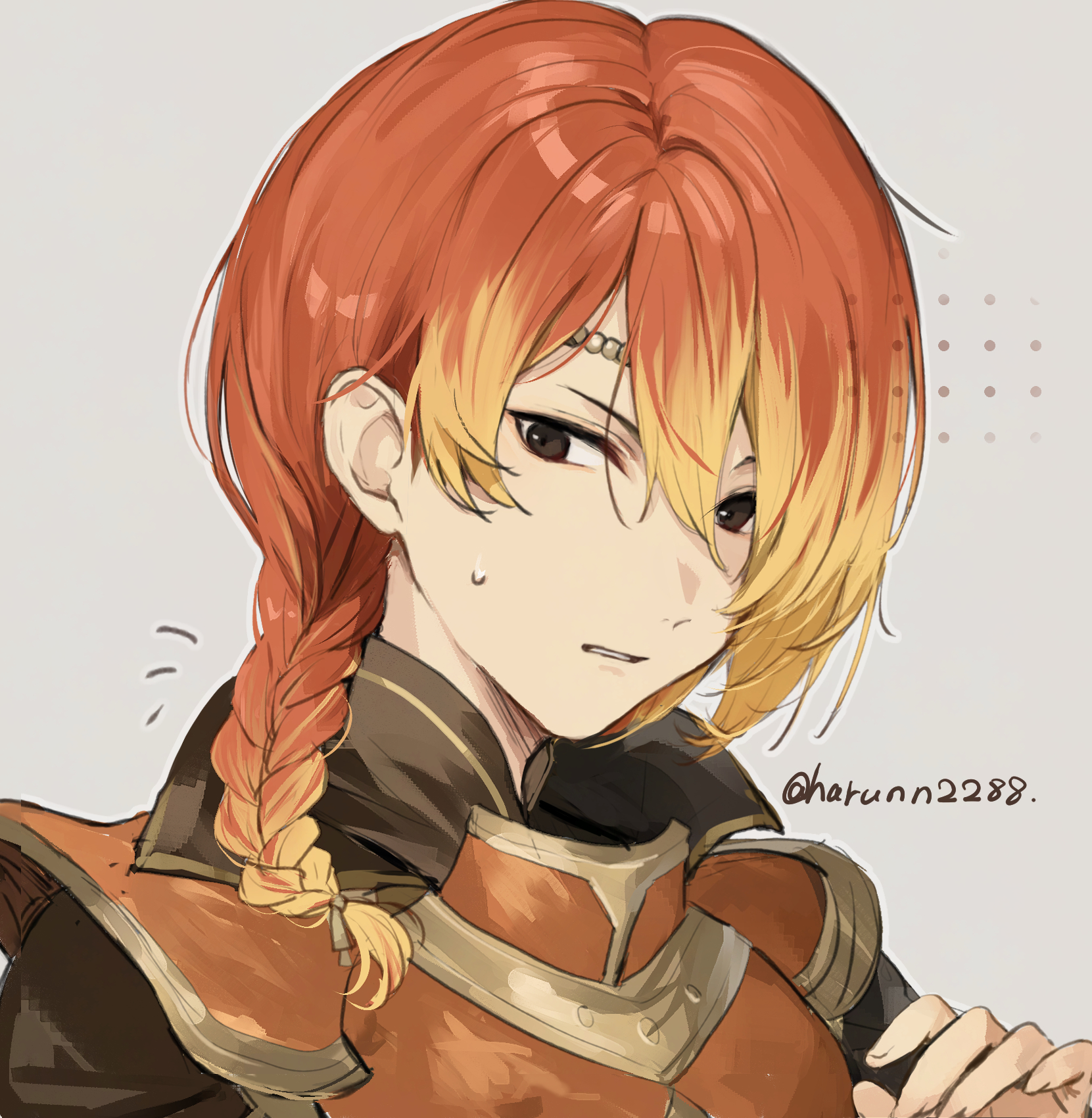 haru (nakajou-28), luthier (fire emblem), fire emblem, fire emblem echoes: shadows of valentia, nintendo, highres, 1boy, armor, brown eyes, circlet, long hair, low ponytail, male focus, orange hair, parted lips, ponytail, red hair, simple background, solo, sweat, sweatdrop, tunic, upper body