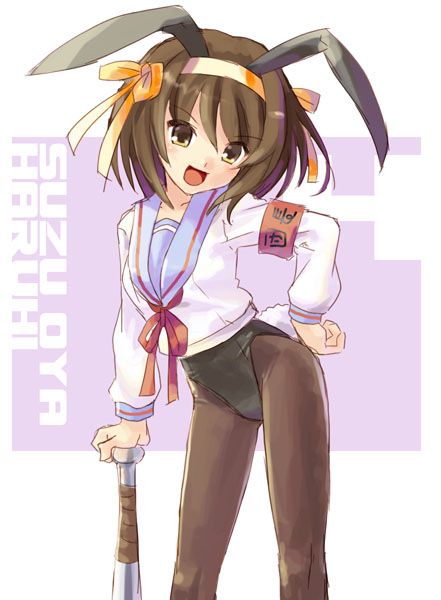 katahira masashi, suzumiya haruhi, suzumiya haruhi no yuuutsu, 00s, animal ears, armband, baseball bat, brown eyes, brown hair, fake animal ears, hairband, leotard, pantyhose, playboy bunny, rabbit ears, short hair, solo