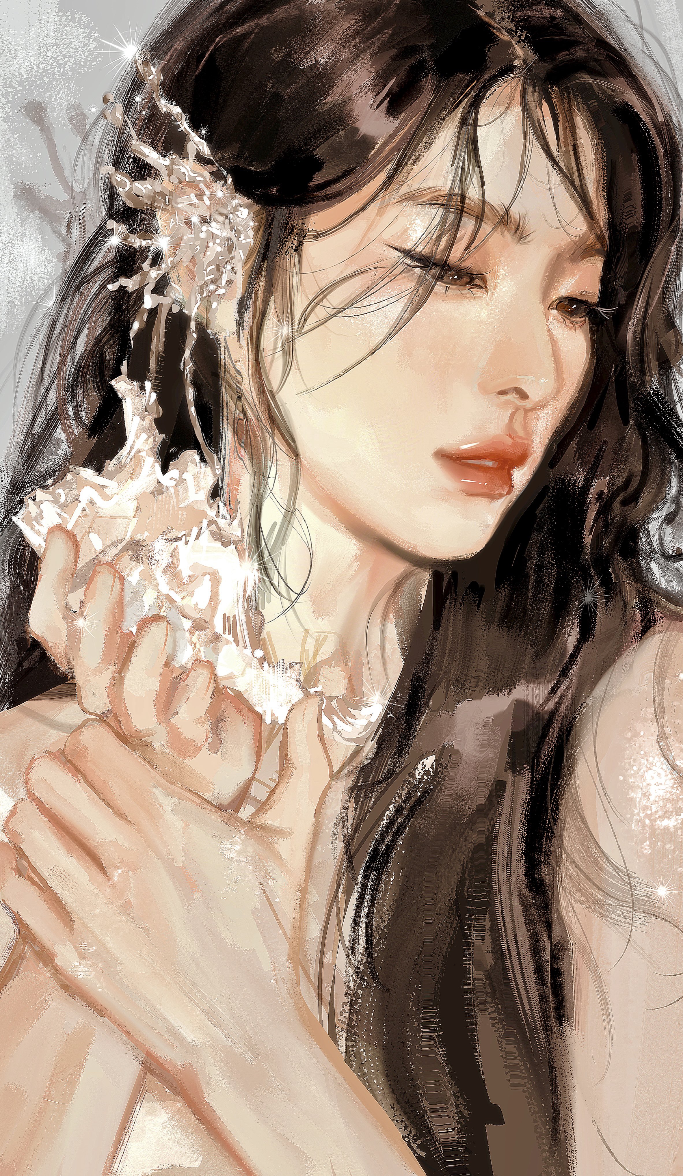 meolkyy, seulgi (red velvet), real life, red velvet (group), absurdres, highres, 1girl, brown eyes, brown hair, eyelashes, eyeshadow, k-pop, long hair, looking to the side, makeup, parted lips, solo, sparkle, upper body