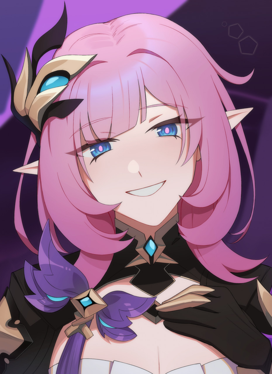 elysia (honkai impact), elysia (miss pink elf) (honkai impact), honkai (series), honkai impact 3rd, commentary, english commentary, highres, 1girl, black gloves, blue eyes, breasts, cenori, cleavage, elf, gloves, hair ornament, hand on own chest, large breasts, looking at viewer, pink hair, pointy ears, shrug (clothing), smile, solo
