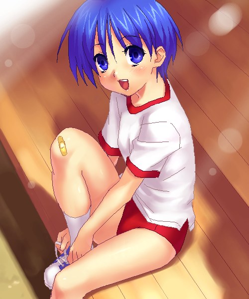 zen, matsubara aoi, to heart, to heart (series), 1girl, :d, bandaid, bandaid on knee, bandaid on leg, blue eyes, blue hair, buruma, female focus, gym uniform, looking at viewer, matching hair/eyes, oekaki, open mouth, shoes, short hair, sitting, smile, solo, sunlight