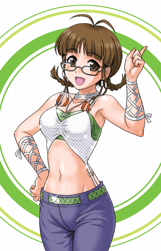 hida tatsuo, akizuki ritsuko, idolmaster, idolmaster (classic), idolmaster 1, 00s, 1girl, :d, ahoge, armpits, bare shoulders, braid, brown eyes, brown hair, cool & sexy (idolmaster), female focus, glasses, hand on own hip, index finger raised, jewelry, midriff, narrow waist, navel, necklace, open mouth, pointing, pointing up, short hair, short twintails, smile, solo, twin braids, twintails