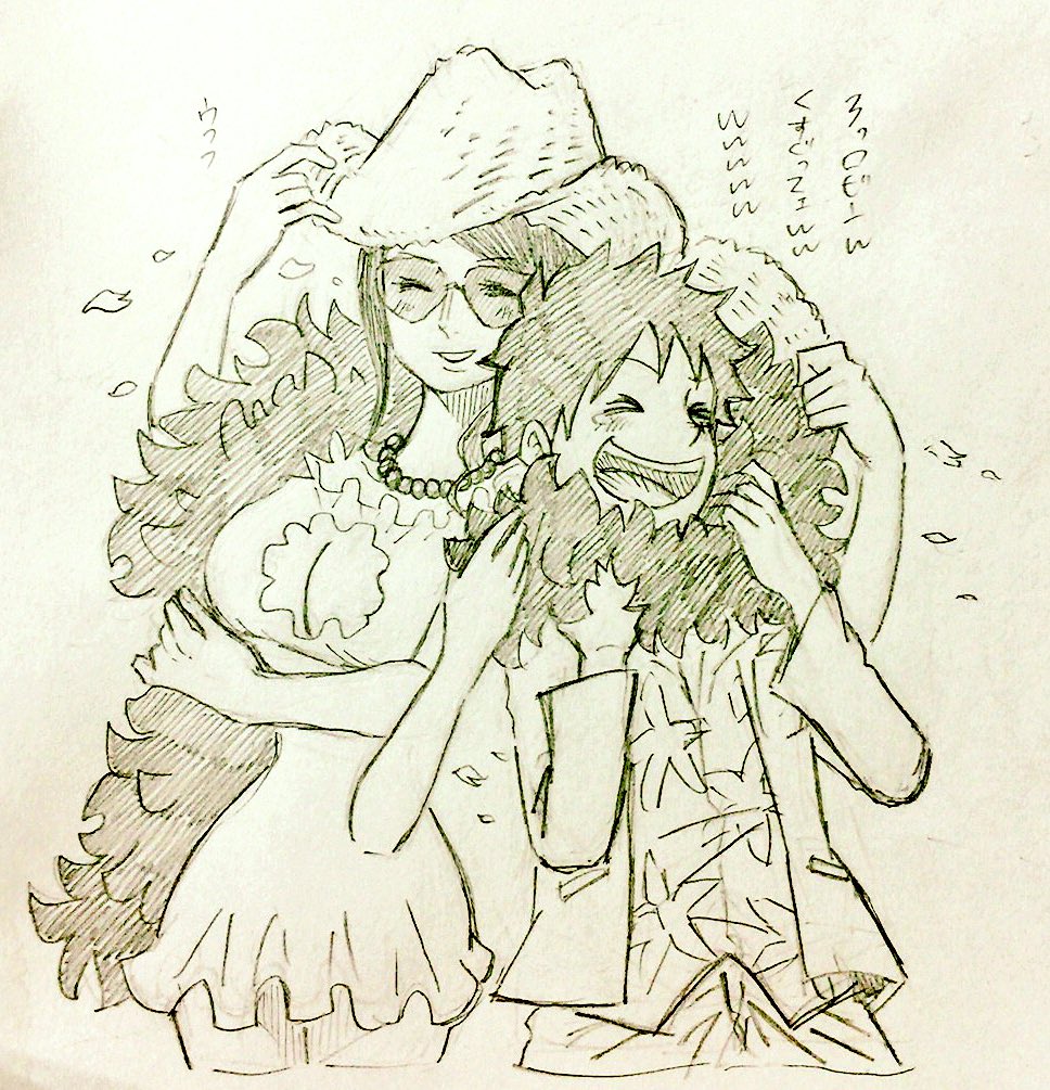 monkey d. luffy, nico robin, one piece, one piece film: gold, commentary request, > <, 1boy, 1girl, cowboy shot, dress, extra arms, feather boa, greyscale, jewelry, monochrome, necklace, one eye closed, open mouth, pearl necklace, petals, short hair, sidelocks, smile, sodatsumi 1119, sunglasses, swept bangs