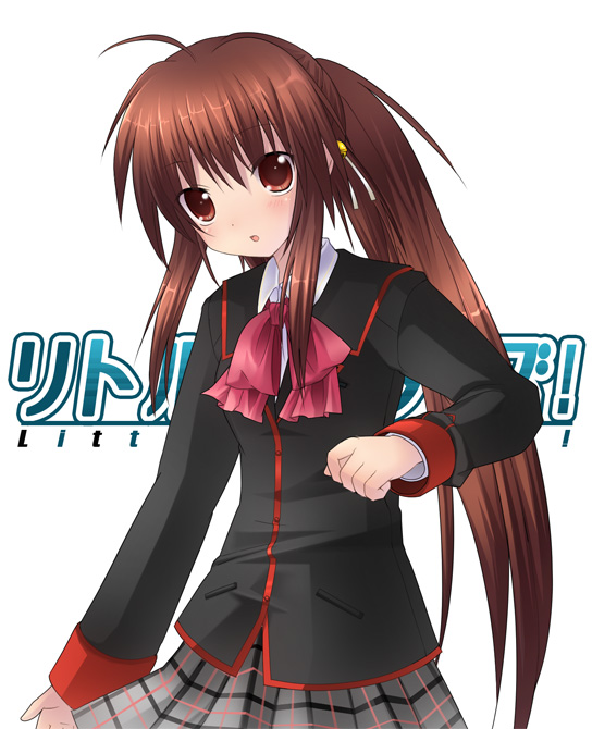 6u (eternal land), kiyu, natsume rin, little busters!, 1girl, :o, ahoge, blazer, blush, bow, bowtie, brown eyes, brown hair, female focus, grey skirt, jacket, long sleeves, looking at viewer, parted lips, pink bow, plaid clothes, plaid skirt, pleated skirt, red bow, red bowtie, simple background, skirt, solo, white background