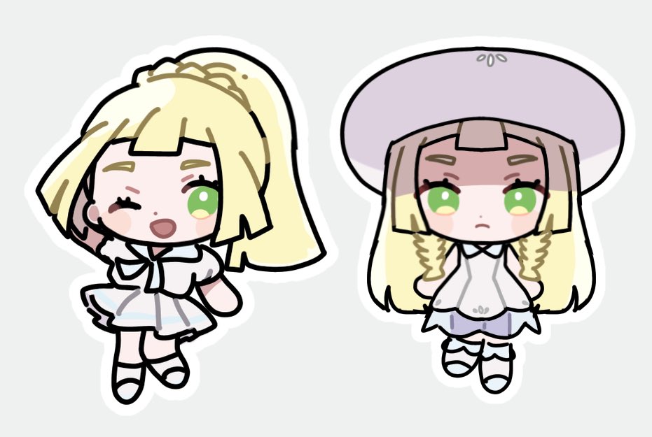 eneko (olavcnkrpucl16a), lillie (pokemon), nintendo, pokemon, pokemon sm, 1girl, ;d, blonde hair, blush stickers, chibi, chibi only, closed mouth, collared dress, dress, eyelashes, green eyes, hat, long hair, multiple views, one eye closed, open mouth, pleated skirt, shirt, shoes, short sleeves, skirt, smile, socks, sun hat, white dress, white hat, white shirt, white shoes, white skirt, white socks