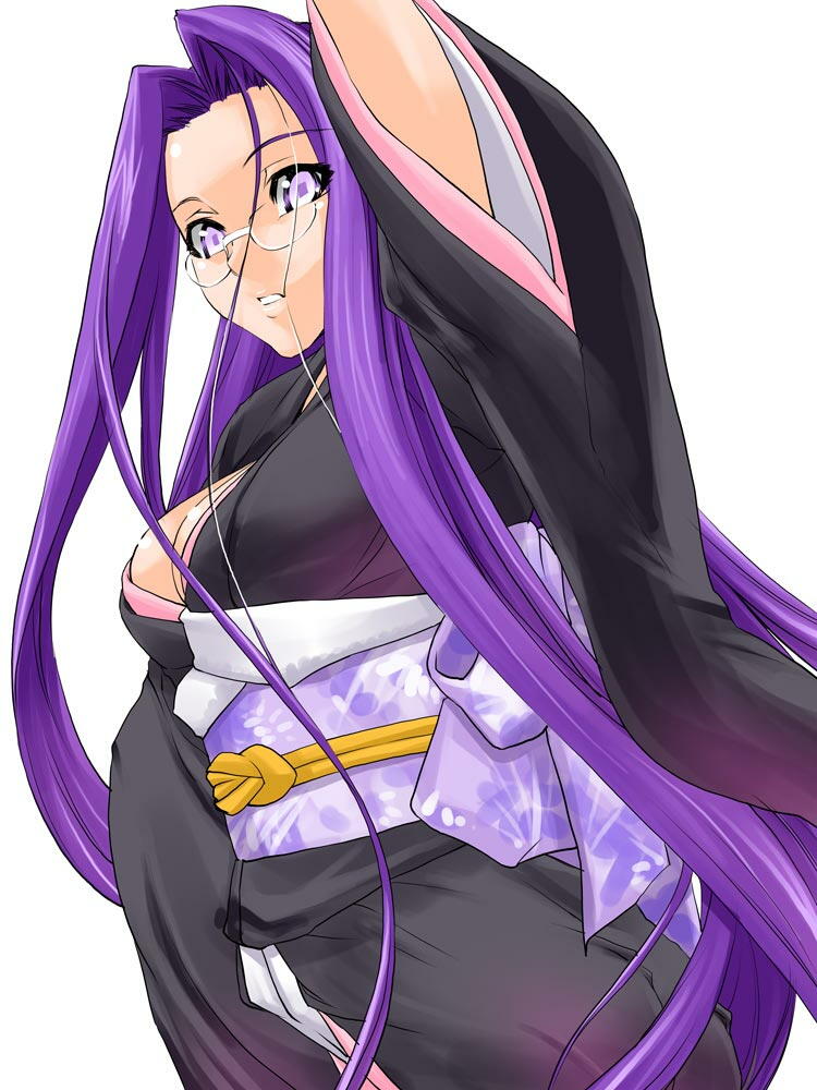 shinama, medusa (fate), medusa (rider) (fate), fate/stay night, fate (series), 00s, glasses, japanese clothes, kimono, long hair, pink eyes, purple hair, solo, square pupils