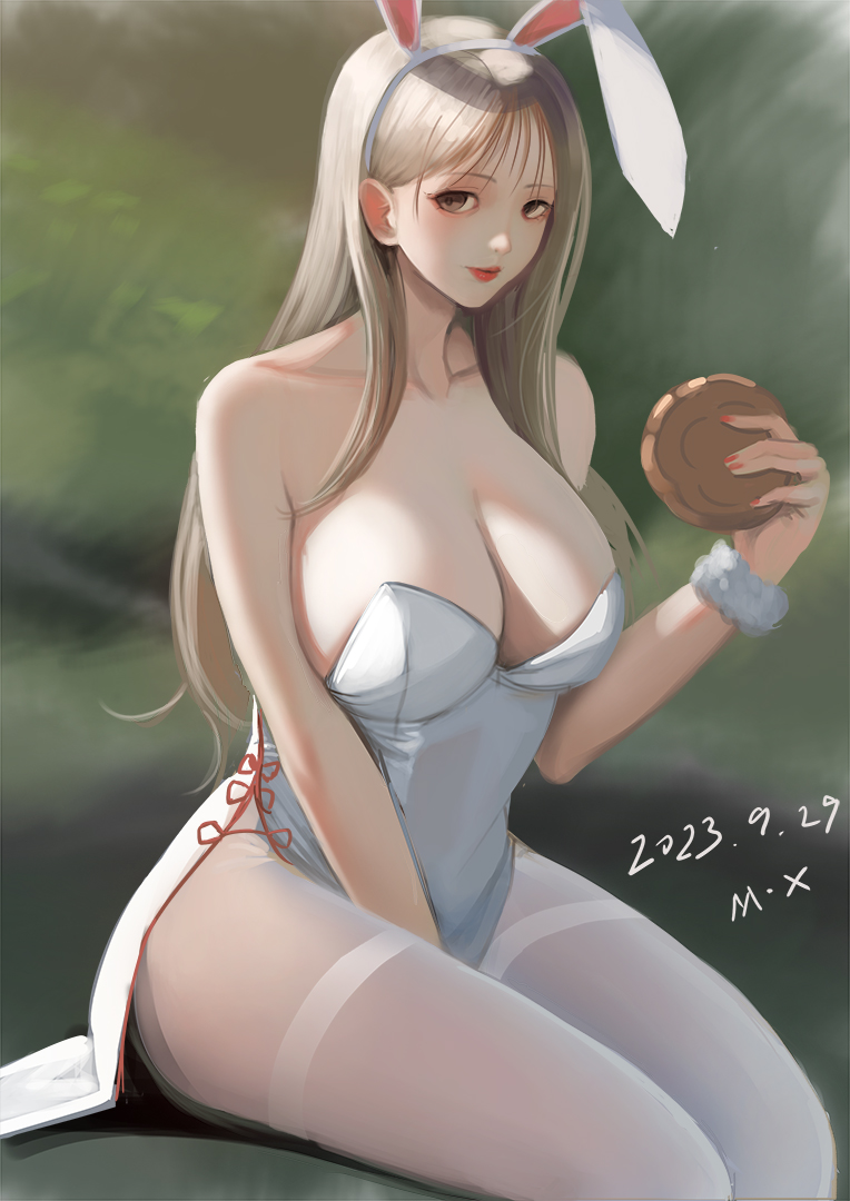 magic xiang, original, animal ears, bare shoulders, breasts, brown eyes, china dress, chinese clothes, dress, fake animal ears, leotard, lipstick, long hair, looking at viewer, makeup, pantyhose, playboy bunny, rabbit ears, sitting, strapless, thighband pantyhose, thighs, white pantyhose, white wrist cuffs, wrist cuffs