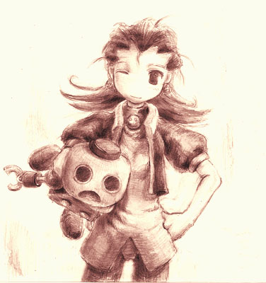 servbot (mega man), tron bonne (mega man), capcom, mega man (series), mega man legends (series), lowres, 1girl, hair slicked back, pantyhose, sepia