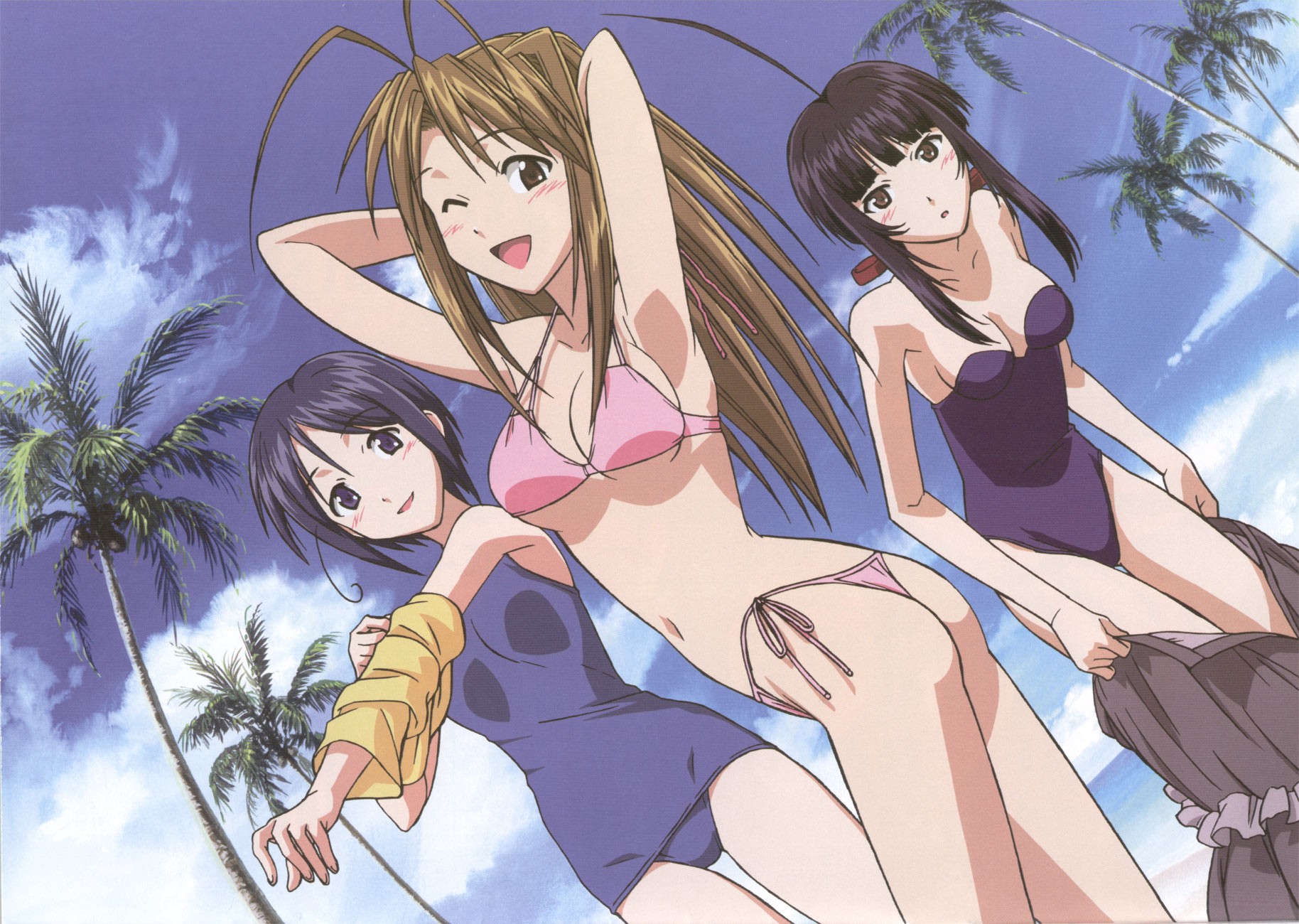 maehara shinobu, narusegawa naru, urashima kanako, love hina, highres, official art, official wallpaper, 3girls, ahoge, arms up, bikini, black hair, blue hair, blush, bob cut, brown hair, day, multiple girls, one-piece swimsuit, one eye closed, palm tree, pink bikini, purple one-piece swimsuit, purple school swimsuit, school swimsuit, side-tie bikini bottom, swimsuit, thong bikini, tree, undressing, wink