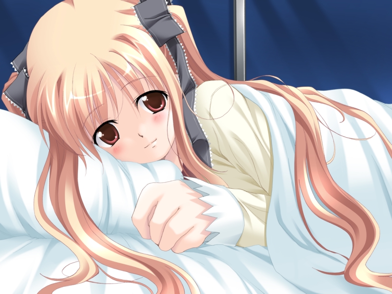 ayakaze ryuushou, hatano saori, tashika ni kimi wa koko ni ita, game cg, 1girl, bed, blonde hair, blush, brown eyes, female focus, hair ribbon, long hair, lying, pillow, red eyes, ribbon, sleeping, smile, solo, twintails