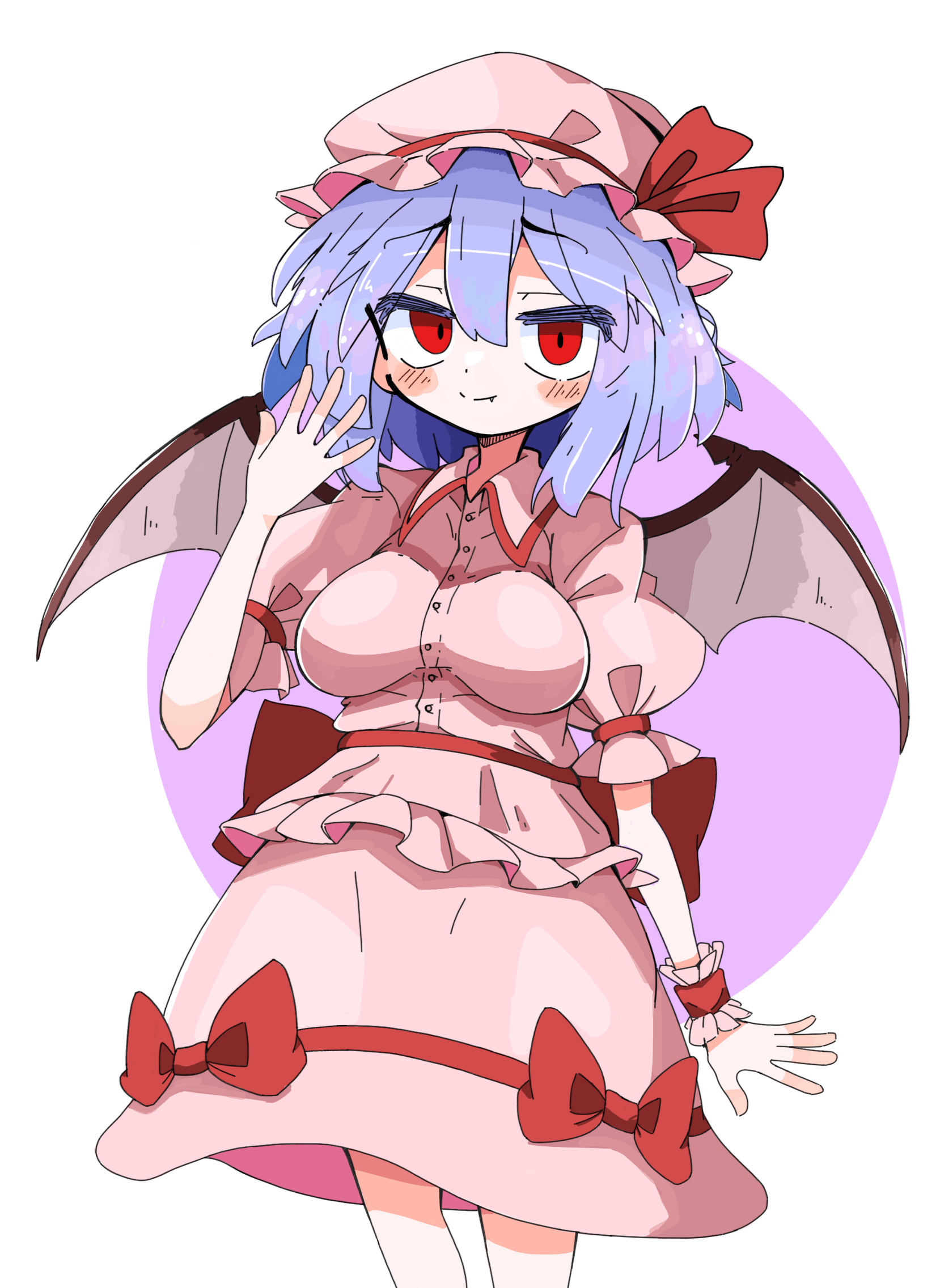 vinni puh, remilia scarlet, embodiment of scarlet devil, touhou, highres, 1girl, ascot, bat wings, blue hair, blush, breasts, closed mouth, fang, feet out of frame, hair between eyes, hand up, hat, hat ribbon, looking at viewer, medium breasts, mob cap, pink hat, pink shirt, purple background, red ascot, red eyes, ribbon, shirt, simple background, smile, solo, standing, two-tone background, white background, wings