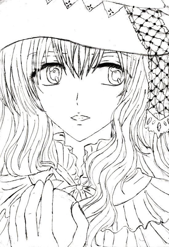 traditional media, 1girl, female focus, long hair, monochrome, ribbon, sketch, solo