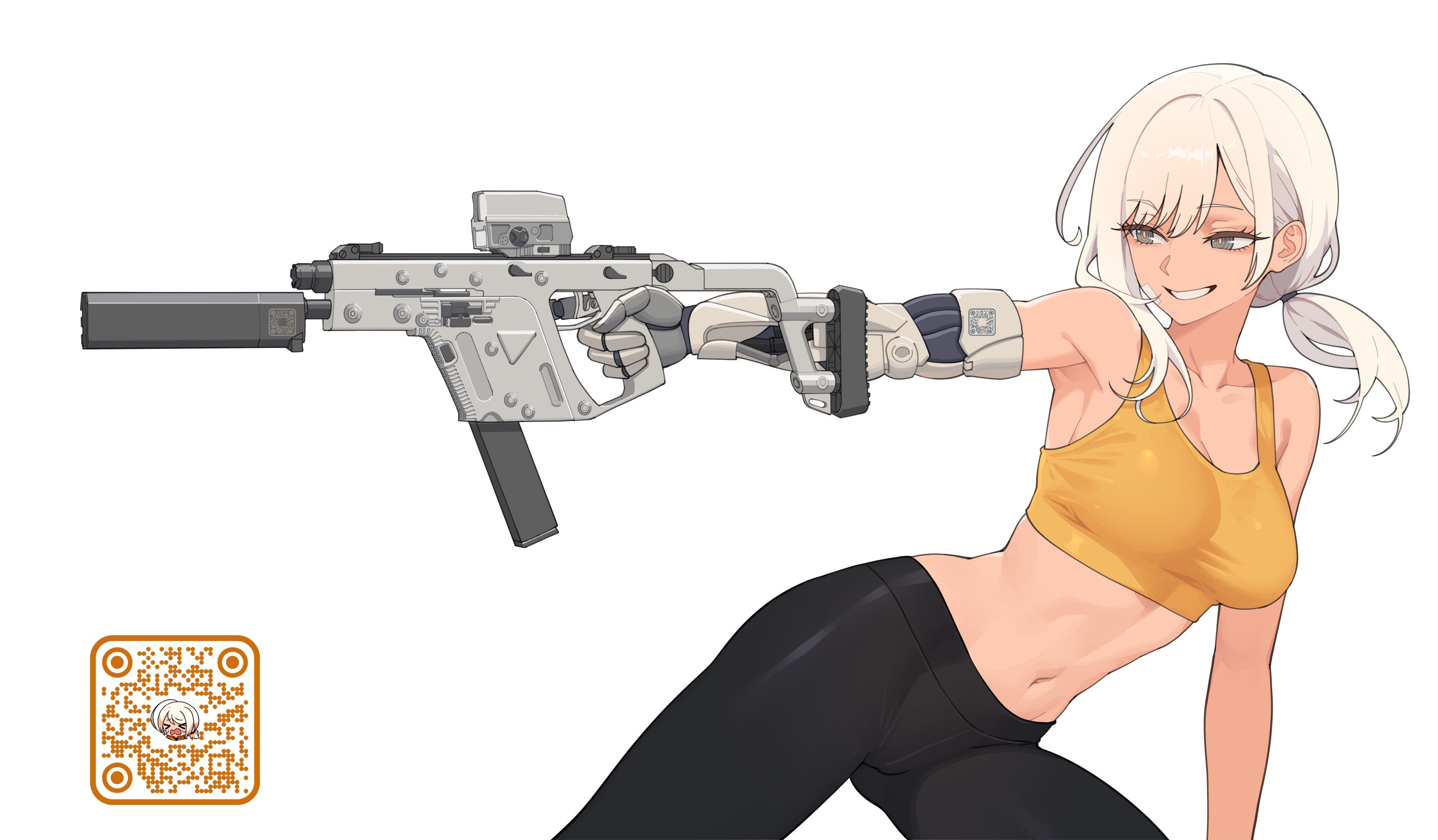 kuso otoko, eri (uragoner), uragoner, commentary, english commentary, highres, 1girl, aiming, bandaid, bandaid on face, bare shoulders, black pants, blonde hair, blue eyes, breasts, finger on trigger, grin, gun, holding, holding gun, holding weapon, large breasts, laser sight, low ponytail, mechanical arms, navel, outstretched arm, pants, ponytail, prosthesis, prosthetic arm, qr code, ringed eyes, simple background, single mechanical arm, smile, solo, sports bra, suppressor, weapon, white background, yellow pupils, yellow sports bra, yoga pants