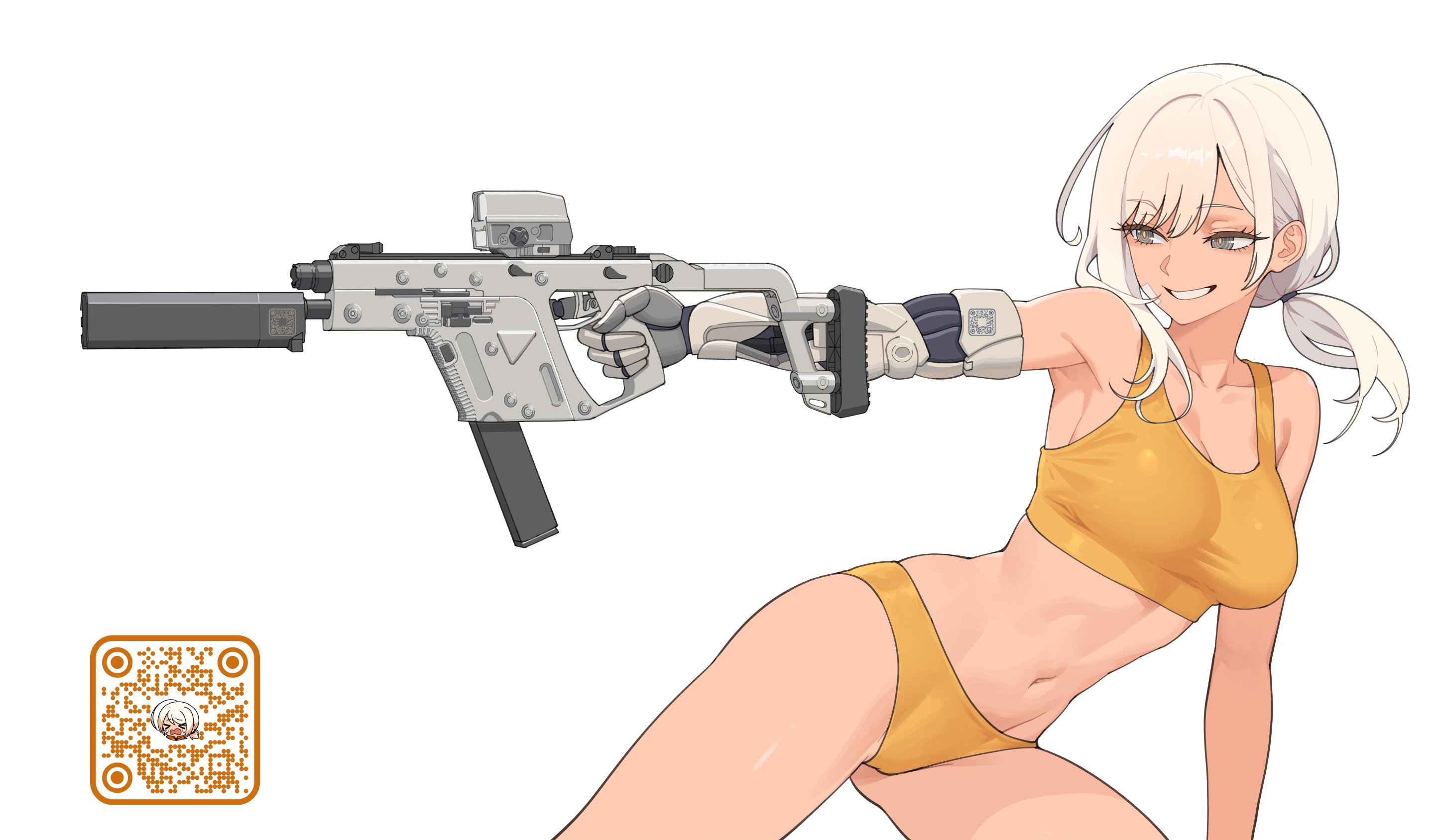 kuso otoko, eri (uragoner), uragoner, commentary, english commentary, highres, 1girl, aiming, bandaid, bandaid on face, bare shoulders, blonde hair, blue eyes, breasts, finger on trigger, grin, gun, holding, holding gun, holding weapon, large breasts, laser sight, low ponytail, mechanical arms, navel, outstretched arm, panties, ponytail, prosthesis, prosthetic arm, qr code, ringed eyes, simple background, single mechanical arm, smile, solo, sports bra, suppressor, underwear, underwear only, weapon, white background, yellow panties, yellow pupils, yellow sports bra