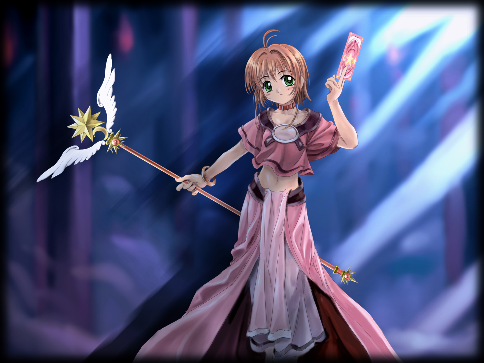 mutsuki (moonknives), kinomoto sakura, sakura hime, cardcaptor sakura, kodansha, tsubasa chronicle, highres, non-web source, 1girl, brown hair, card, child, collar, cosplay, female focus, green eyes, holding, holding card, hoshi no tsue, magical girl, midriff, navel, sakura hime (cosplay), short hair, solo, staff