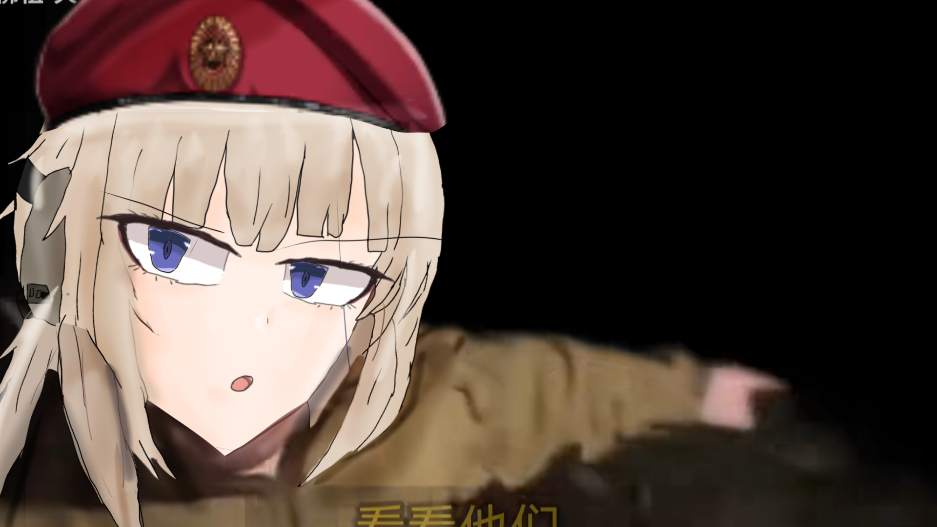 ak74m (girls' frontline), yevgeny viktorovich prigozhin, photo-referenced, 1girl, angry, beret, blonde hair, blue eyes, genderswap, genderswap (mtf), hat, jacket, long hair, meme, pointing, red hat, russo-ukrainian war, sidelocks, tv90, wagner group, yellow jacket