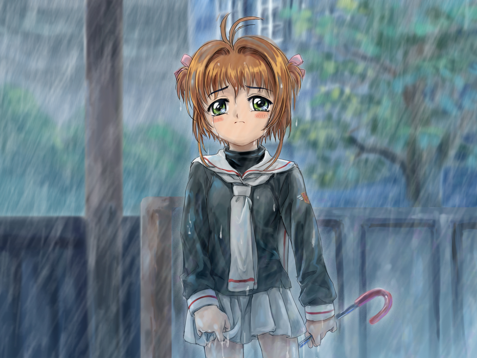 mutsuki (moonknives), kinomoto sakura, cardcaptor sakura, kodansha, highres, non-web source, 1990s (style), 1girl, antenna hair, braid, brown hair, child, female focus, green eyes, rain, retro artstyle, sad, school uniform, serafuku, solo, tears, tomoeda middle school uniform, two side up, umbrella, wet, wet clothes