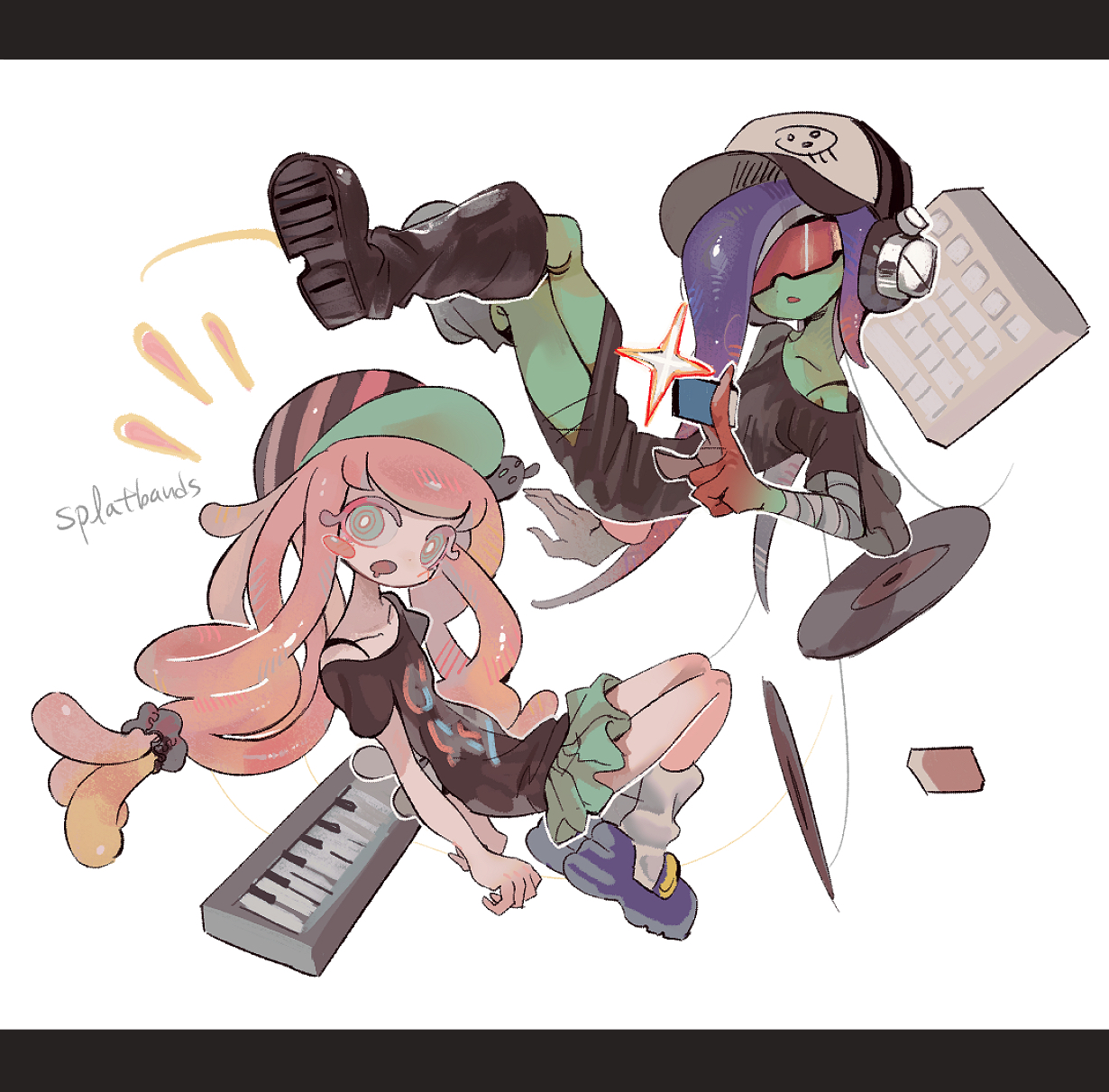 homilmugi, dedf1sh, harmony's clownfish (splatoon), harmony (splatoon), nintendo, splatoon (series), commentary, highres, symbol-only commentary, 1girl, 2girls, :o, bandages, baseball cap, black bra, black shirt, black shoes, blue shorts, blush stickers, boots, bra, clownfish, colored skin, drooling, fish, green eyes, green skin, green skirt, hat, headset, instrument, long hair, loose socks, low-tied long hair, mouth drool, multiple girls, octoling, parted lips, purple hair, red-tinted eyewear, red hair, ringed eyes, sea anemone, shirt, shoes, short sleeves, shorts, skirt, socks, sunglasses, synthesizer, tentacle hair, thick eyelashes, tinted eyewear, underwear, vinyl record, white background, white socks