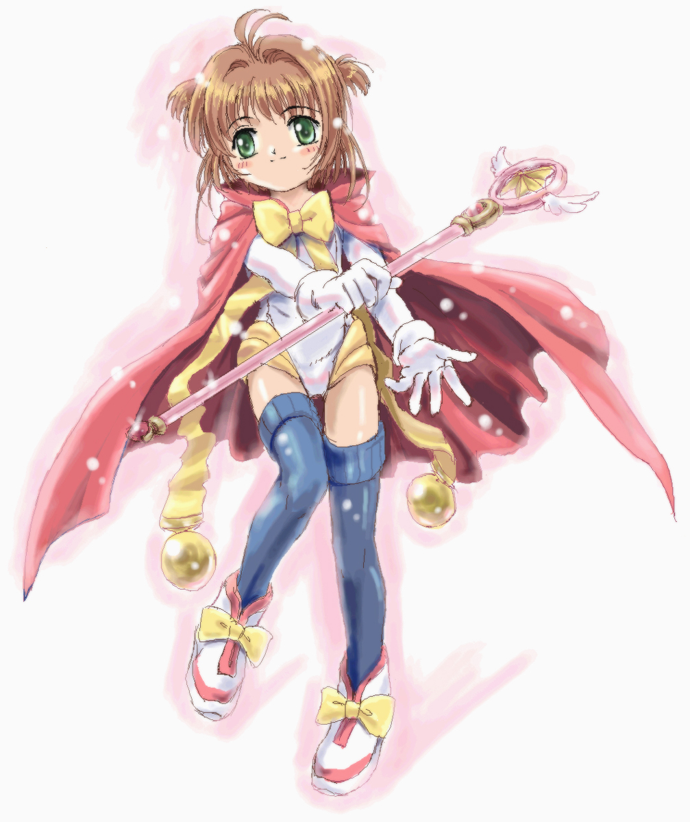 mutsuki (moonknives), kinomoto sakura, kinomoto sakura (dream sakura), cardcaptor sakura, kodansha, highres, non-web source, 1990s (style), 1girl, cape, child, female focus, full body, hoshi no tsue, magical girl, oekaki, retro artstyle, solo, staff, thighhighs