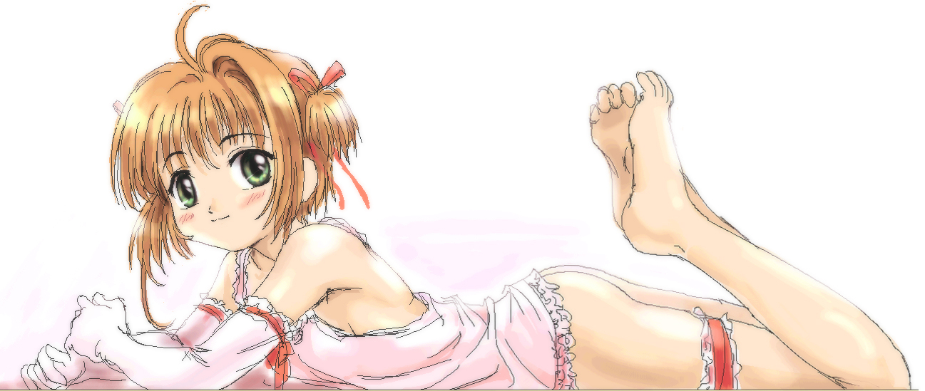 mutsuki (moonknives), kinomoto sakura, cardcaptor sakura, kodansha, non-web source, 1990s (style), 1girl, ass, barefoot, blush, bottomless, brown hair, elbow gloves, feet, female focus, gloves, green eyes, legs, lingerie, loli, oekaki, retro artstyle, soles, solo, toes, underwear