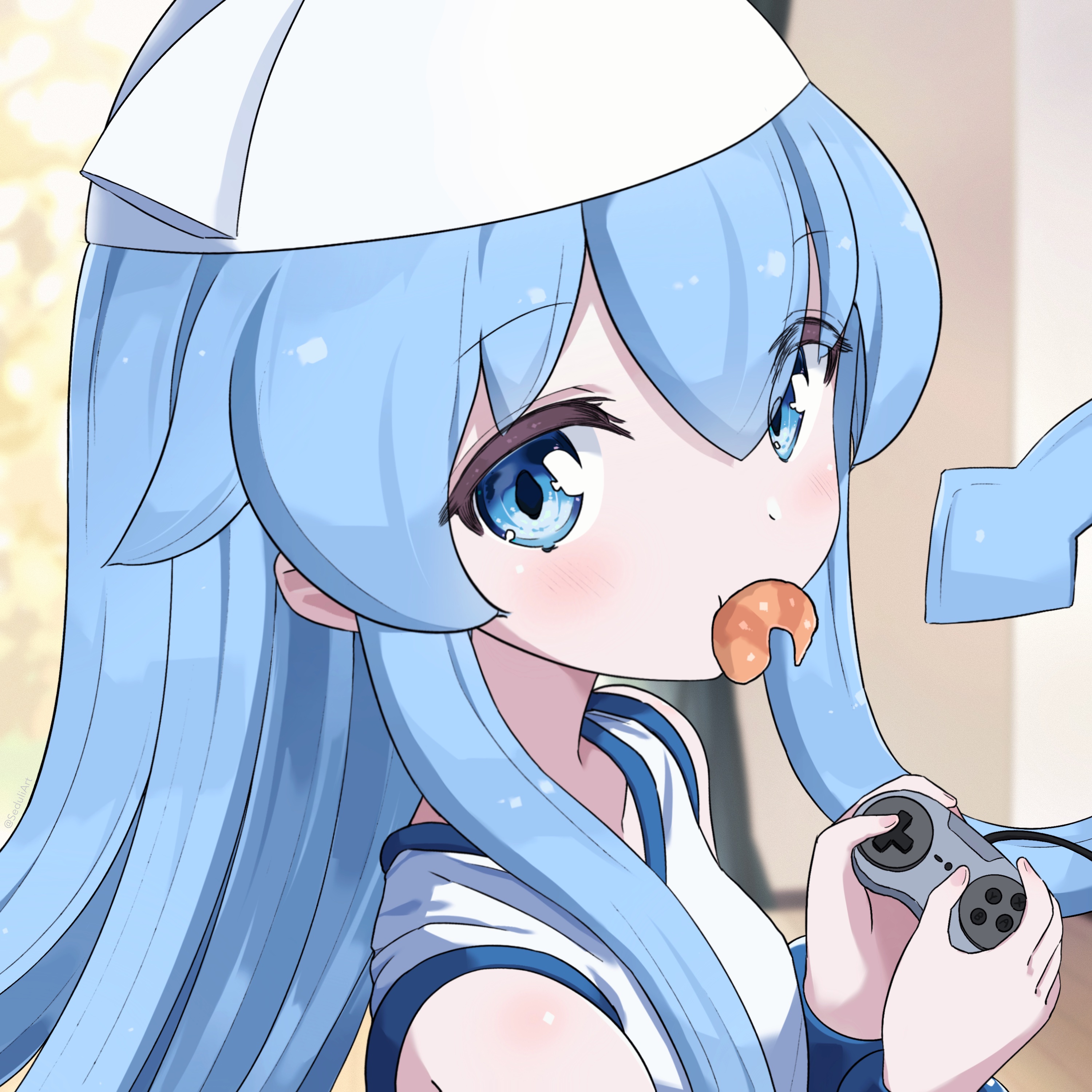 nakobon, ikamusume, shinryaku! ikamusume, absurdres, highres, 1girl, blue eyes, blue hair, blurry, blurry background, blush, bracelet, controller, dress, food in mouth, game controller, hat, holding, holding controller, holding game controller, jewelry, long hair, looking at viewer, shrimp, sleeveless, sleeveless dress, tentacle hair, tentacles, white dress, white hat
