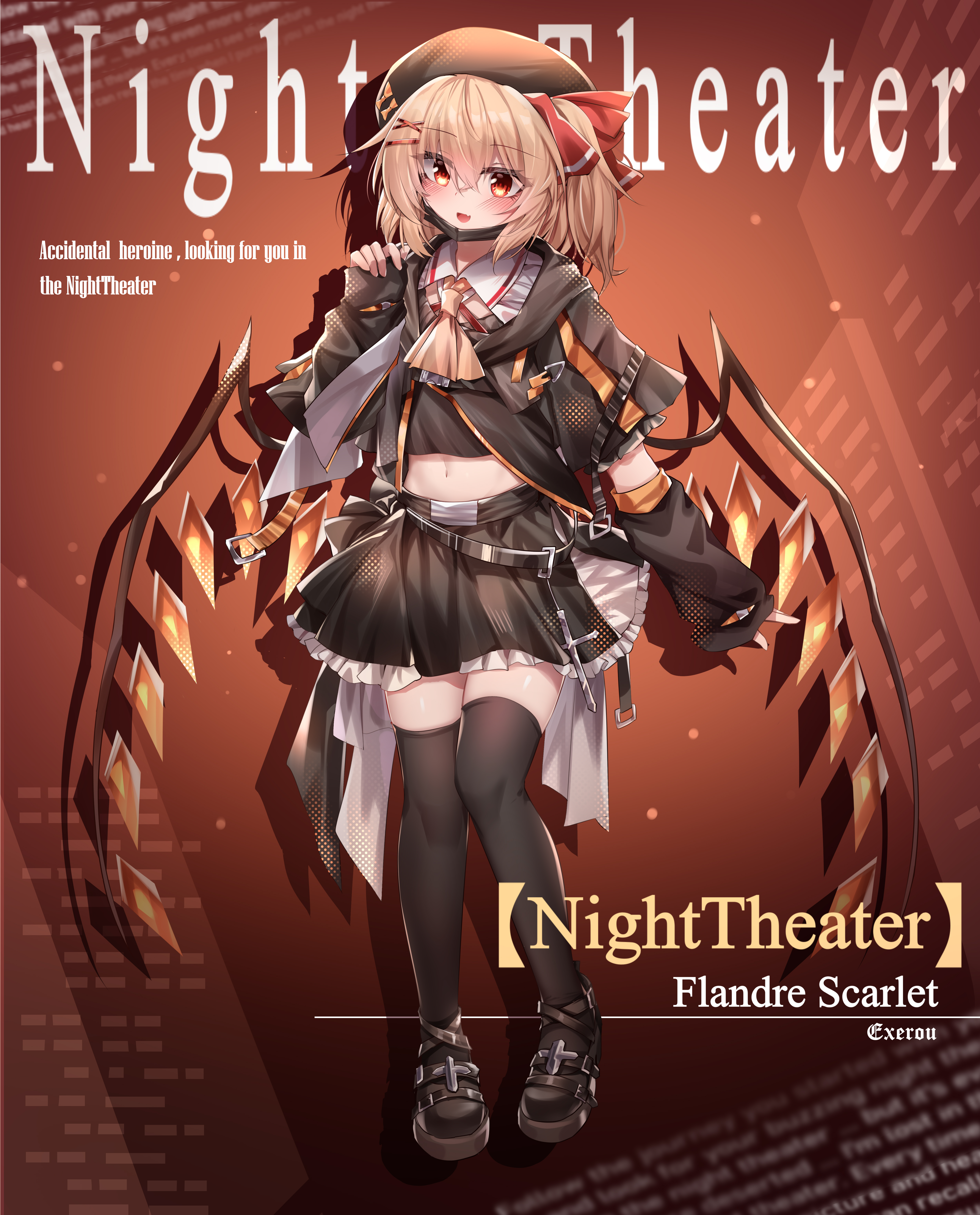 top-exerou, flandre scarlet, touhou, absurdres, chinese commentary, commentary request, highres, 1girl, alternate costume, alternate headwear, artist name, ascot, belt, black belt, black hat, black shirt, black shoes, black skirt, black thighhighs, blonde hair, blush, character name, cross, crystal, crystal wings, detached sleeves, english text, frilled skirt, frills, full body, hat, long hair, looking at viewer, loose belt, midriff, navel, one side up, open mouth, red eyes, shirt, shoes, silhouette, skirt, smile, solo, thighhighs, wings, yellow ascot
