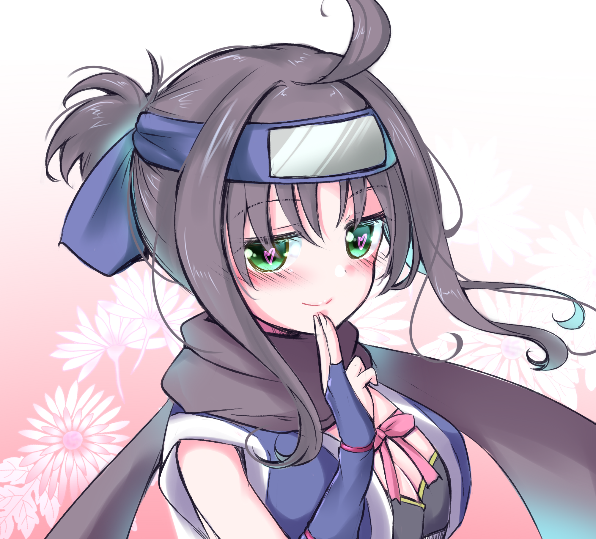 gattengou, hitachi mako, senren banka, commentary request, highres, 1girl, ahoge, black hair, black scarf, blue bridal gauntlets, blue kimono, blush, breasts, bridal gauntlets, cleavage, closed mouth, eyelashes, floating hair, forehead, gradient background, green eyes, hair between eyes, hand up, heart, heart-shaped pupils, japanese clothes, kimono, kuji-in, large breasts, looking at viewer, ninja, pink background, pink ribbon, ponytail, ribbon, scarf, short hair with long locks, short ponytail, simple background, smile, solo, split mouth, symbol-shaped pupils, upper body