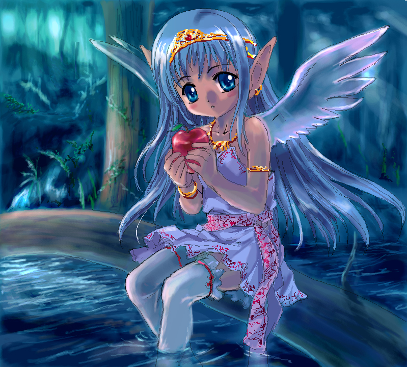 mutsuki (moonknives), non-web source, source request, 1girl, apple, blue eyes, blue hair, crown, female focus, food, forest, fruit, hat, holding, holding food, holding fruit, jewelry, long hair, matching hair/eyes, nature, oekaki, pointy ears, sitting, soaking feet, solo, thighhighs, water, wings