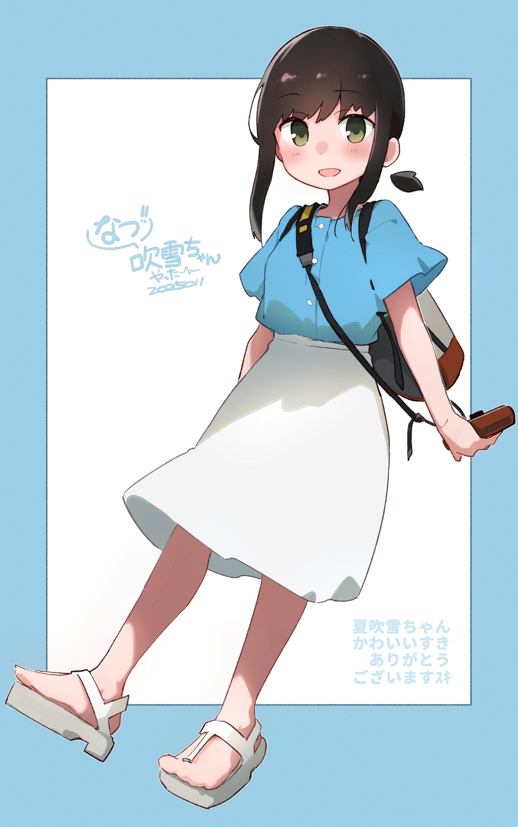ma rukan, fubuki (kancolle), kantai collection, absurdres, commentary, highres, symbol-only commentary, translation request, 1girl, :d, backpack, bag, black hair, blue border, blue shirt, blush, border, camera, dated, full body, green eyes, grey bag, holding, holding camera, looking at viewer, low ponytail, medium hair, open mouth, outside border, ponytail, raised eyebrows, sandals, shirt, shirt tucked in, short ponytail, short sleeves, shoulder strap, sidelocks, simple background, skirt, smile, solo, standing, standing on one leg, white background, white sandals, white skirt