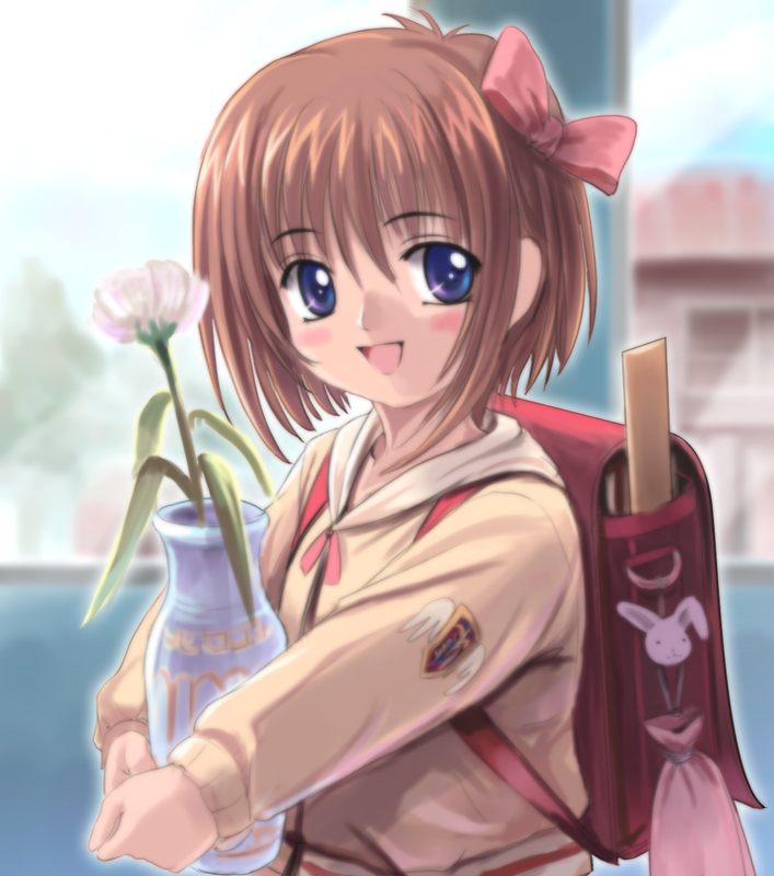 mutsuki (moonknives), non-web source, source request, 1girl, backpack, bag, blue eyes, blush, bow, brown hair, female focus, flower, hair bow, randoseru, ribbon, solo, vase