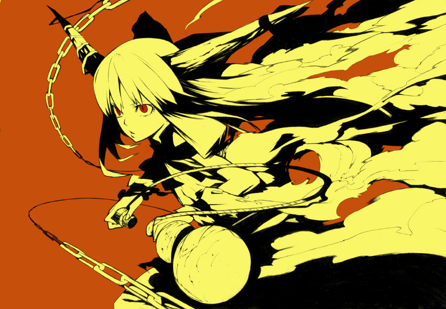 onigunsou, ibuki suika, touhou, looking away, 1girl, bow, chain, female focus, gourd, hair bow, holding, horn ornament, horns, looking to the side, monochrome, red background, red eyes, rope, smoke, solo, staring, upper body, yellow theme