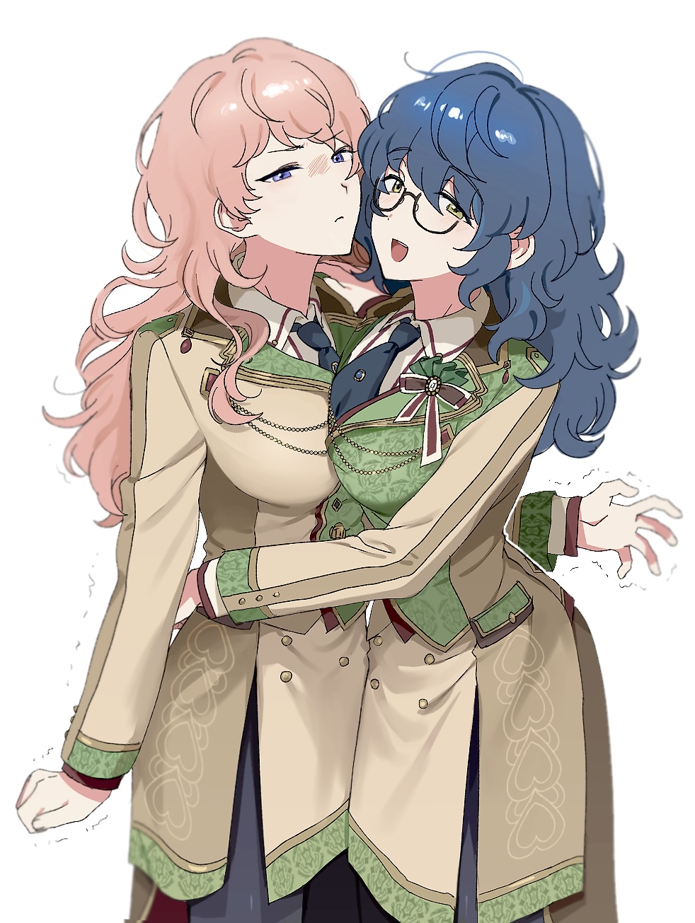 tsmkwa, aoba tsumugi, itsuki shu, ensemble stars!, highres, 2girls, blend+ (ensemble stars!), blue hair, bow, bowtie, buttons, collar, dress, gem, genderswap, genderswap (mtf), glasses, green collar, green eyes, hair between eyes, heads together, hug, long hair, long sleeves, multiple girls, narrowed eyes, open mouth, patterned clothing, pencil skirt, pink hair, pocket, ribbon, round eyewear, shaking, shirt, simple background, skirt, thighhighs, tie clip, trembling, vest, white background