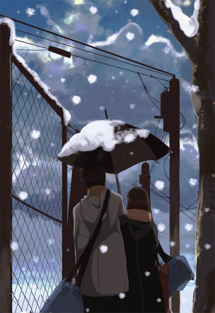 shiromiso, original, bad id, bad pixiv id, 1boy, 1girl, couple, hetero, shared umbrella, snow, umbrella, winter