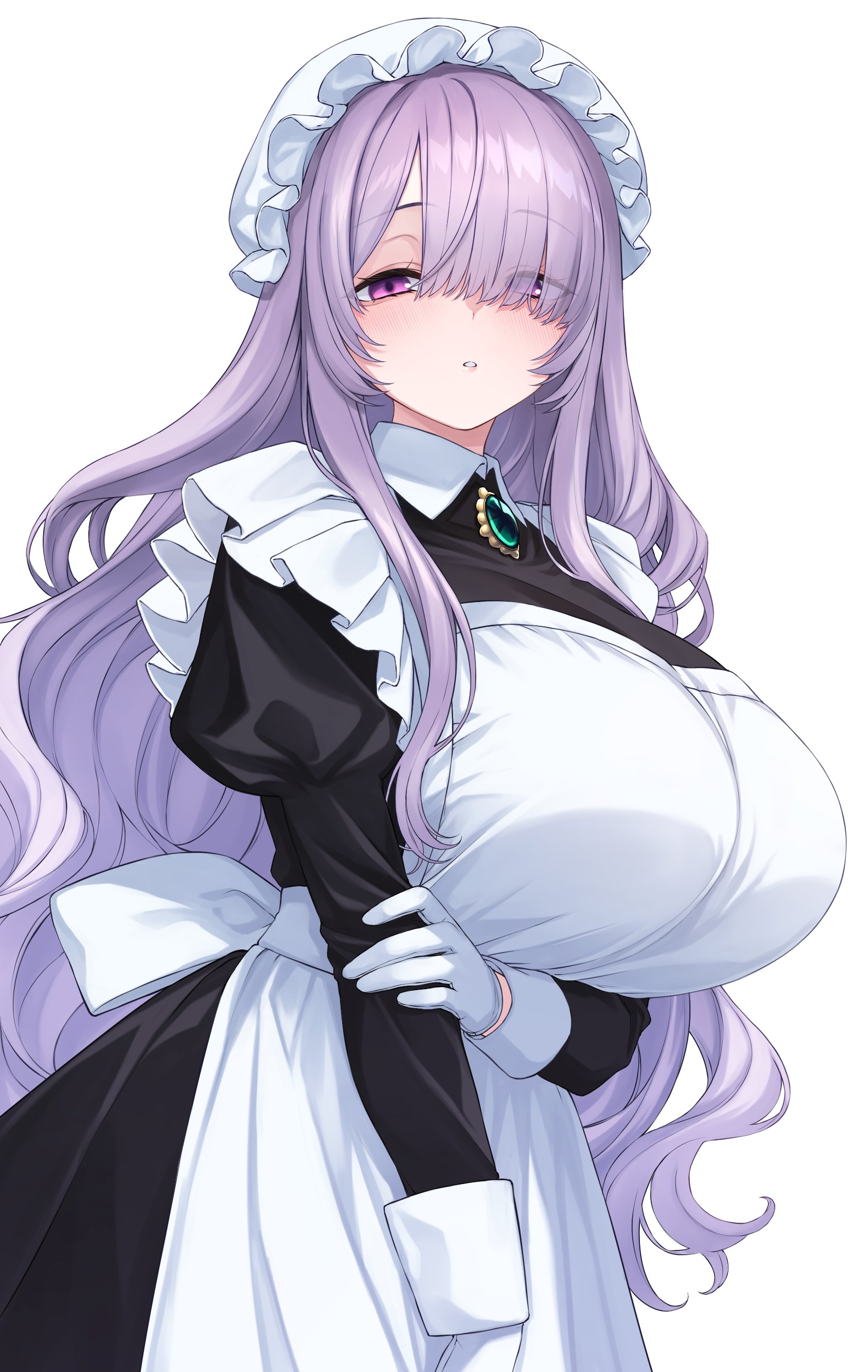 nameko houshi, francoise (eurasia), original, absurdres, highres, 1girl, apron, black dress, breasts, collared dress, dress, gloves, green brooch, hat, huge breasts, long hair, long sleeves, looking at viewer, maid, maid apron, mob cap, purple eyes, purple hair, simple background, solo, white apron, white background, white gloves, white hat