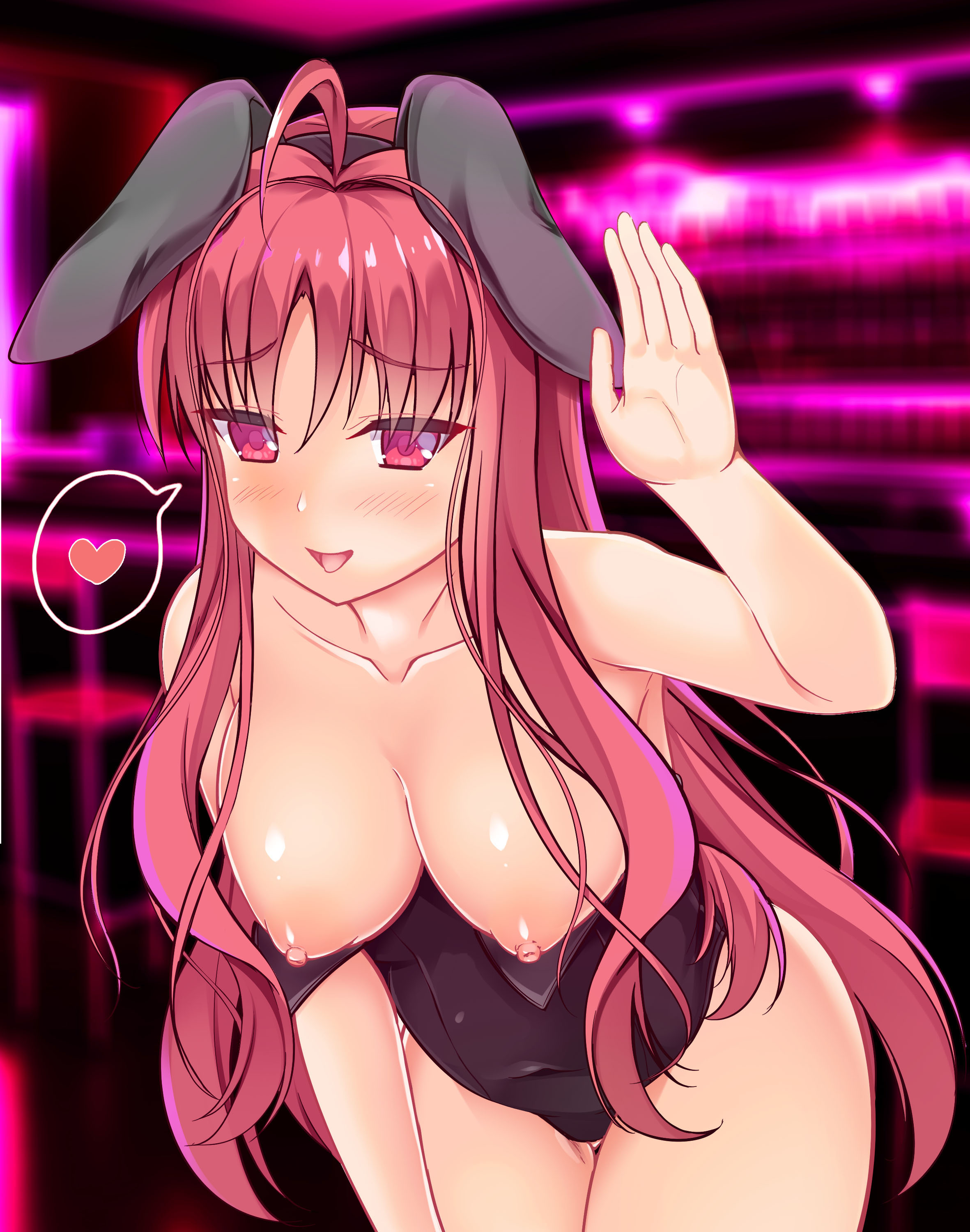 shrimp 3, yarai miu, dracu-riot!, absurdres, commentary request, highres, 1girl, :d, ahoge, alternate costume, alternate eye color, animal ear hairband, animal ears, aroused, black hairband, black leotard, blurry, blurry background, blush, breasts, cleavage, collarbone, covered navel, curvy, eyes visible through hair, fake animal ears, furrowed brow, gluteal fold, hair between eyes, hair intakes, hairband, hand up, hanging breasts, heart, indoors, large breasts, leaning forward, leotard, leotard pull, long hair, looking to the side, nipples, open hand, open mouth, playboy bunny, presenting, rabbit ears, red eyes, red hair, sidelocks, smile, solo, speech bubble, spoken heart, strapless, strapless leotard, thigh gap, tongue, tongue out, tsurime, very long hair