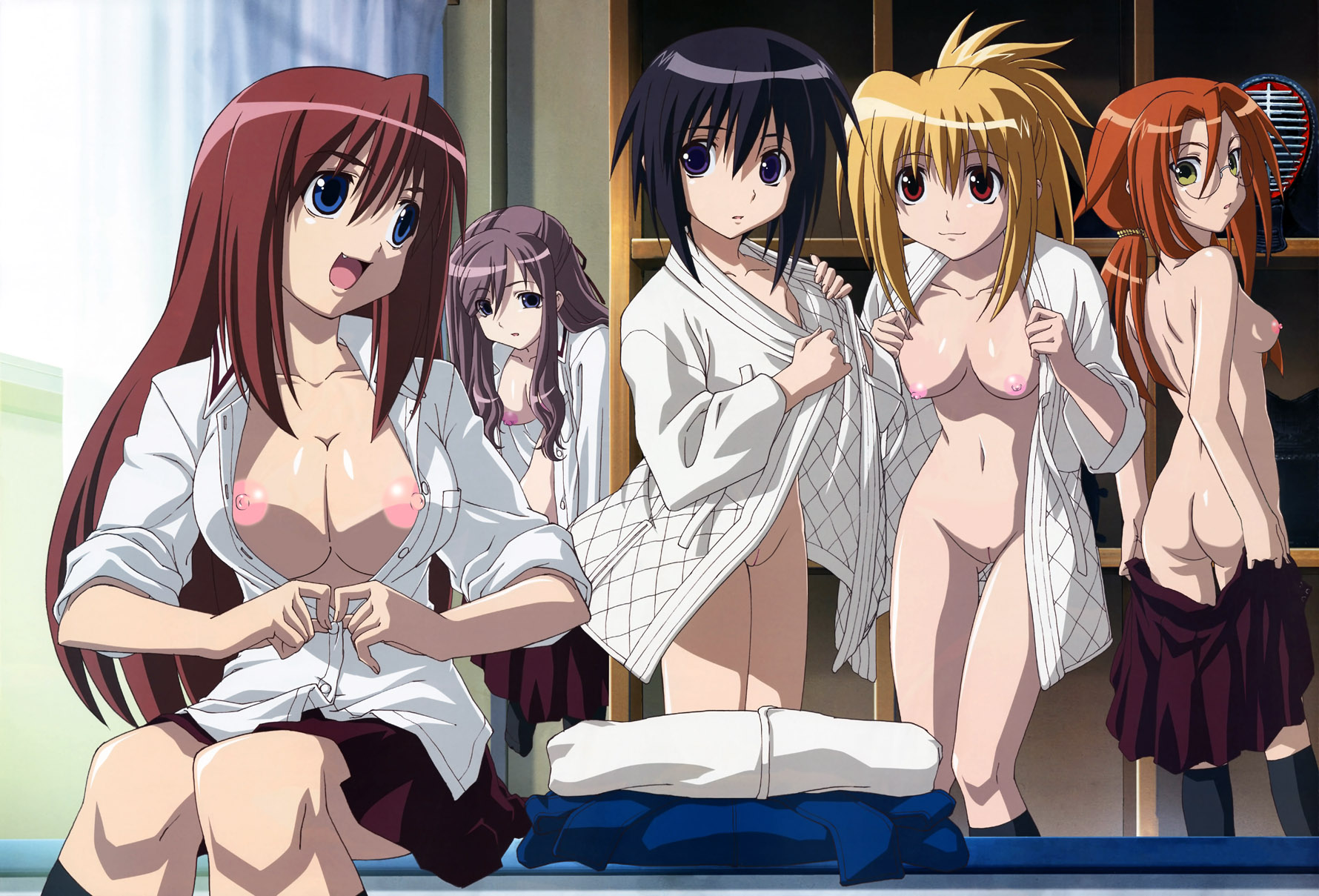 yanagi shinsuke, azuma satori, chiba kirino, kawazoe tamaki, kuwahara sayako, miyazaki miyako, bamboo blade, highres, nude filter, third-party edit, 00s, 5girls, :d, :o, ass, back, bench, black hair, black socks, blonde hair, blue eyes, bookshelf, breasts, buttons, cleavage, clothes pull, curtains, dress shirt, everyone, fang, flat chest, from behind, glasses, green eyes, grey hair, hair between eyes, hair ribbon, helmet, indoors, japanese clothes, kendo, kneehighs, large breasts, leaning forward, leg lift, light smile, locker, locker room, long hair, looking at viewer, looking back, miniskirt, multiple girls, navel, nipples, no bra, no panties, open clothes, open mouth, open shirt, orange hair, pleated skirt, ponytail, purple eyes, pussy, red eyes, red hair, ribbon, school uniform, scrunchie, shirt, short hair, sidelocks, sitting, skirt, skirt pull, sleeves rolled up, smile, socks, spiked hair, standing, standing on one leg, surprised, swept bangs, thigh gap, topless female, unbuttoned, uncensored, undressing, very long hair, wavy hair, white shirt, window