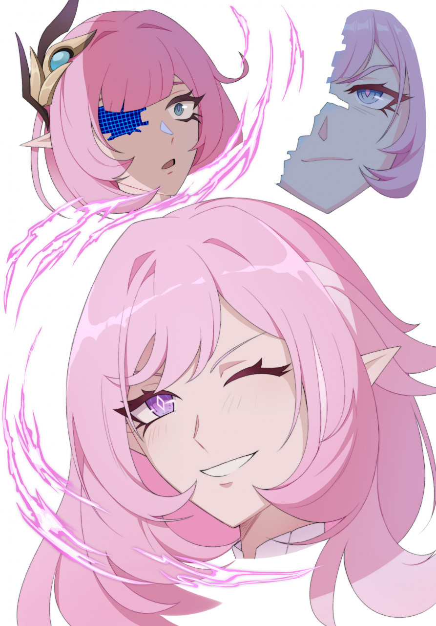 elysia (herrscher of human: ego) (honkai impact), elysia (honkai impact), elysia (miss pink elf) (honkai impact), honkai (series), honkai impact 3rd, commentary, english commentary, highres, 1girl, ;), cenori, diamond-shaped pupils, diamond (shape), elf, glitch, hair ornament, head only, long hair, multiple views, one eye closed, pink hair, pointy ears, purple eyes, simple background, smile, symbol-shaped pupils, white background