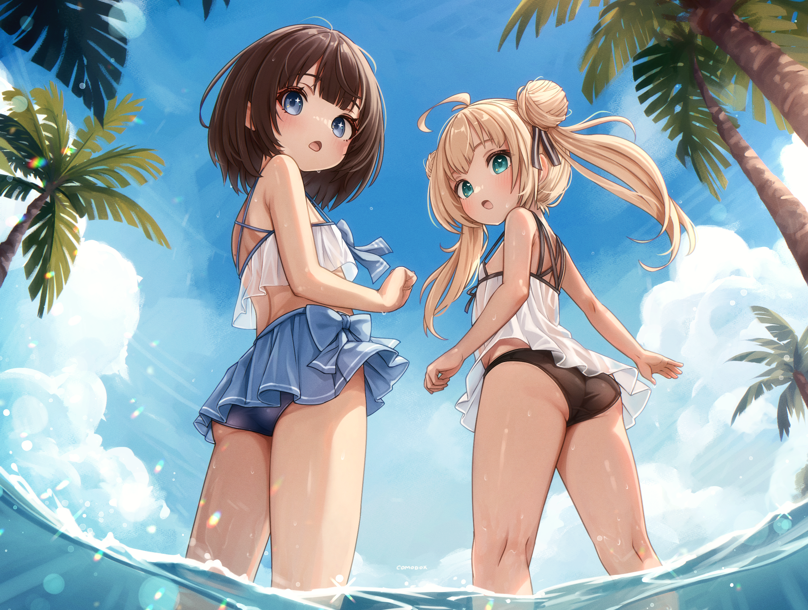 comodox, faeryn (comodox), miu (comodox), original, commentary, english commentary, highres, paid reward available, 2girls, aqua eyes, ass, bikini, black bikini, blonde hair, blue bikini, blue eyes, blue sky, brown hair, cloud, day, double bun, hair bun, kneepits, long hair, looking back, medium hair, multiple girls, open mouth, outdoors, palm tree, sky, swimsuit, tree, twintails, wading, water