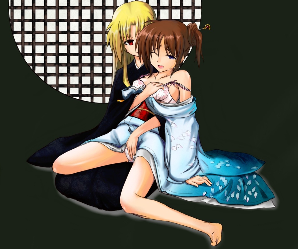 fate testarossa, takamachi nanoha, lyrical nanoha, mahou shoujo lyrical nanoha, mahou shoujo lyrical nanoha strikers, 00s, 2girls, blonde hair, bra, breasts, fingering, grabbing another's breast, groping, japanese clothes, kimono, lingerie, multiple girls, one eye closed, panties, underwear, undressing, wink, yuri
