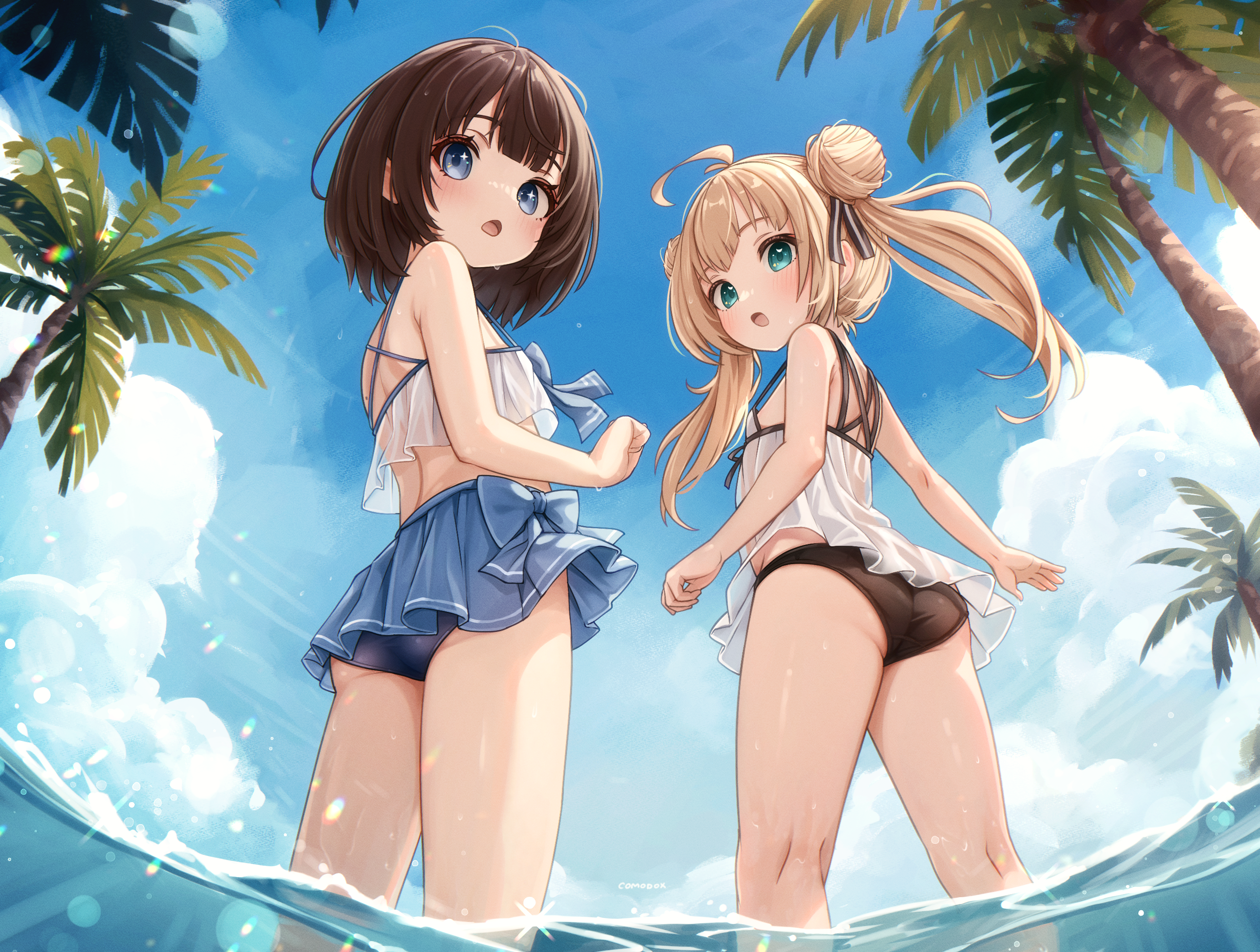 comodox, faeryn (comodox), miu (comodox), original, commentary, english commentary, highres, paid reward available, 2girls, aqua eyes, ass, bikini, black bikini, blonde hair, blue bikini, blue eyes, blue sky, brown hair, cloud, day, double bun, hair bun, kneepits, long hair, looking back, medium hair, multiple girls, open mouth, outdoors, palm tree, sky, swimsuit, tree, twintails, wading, water