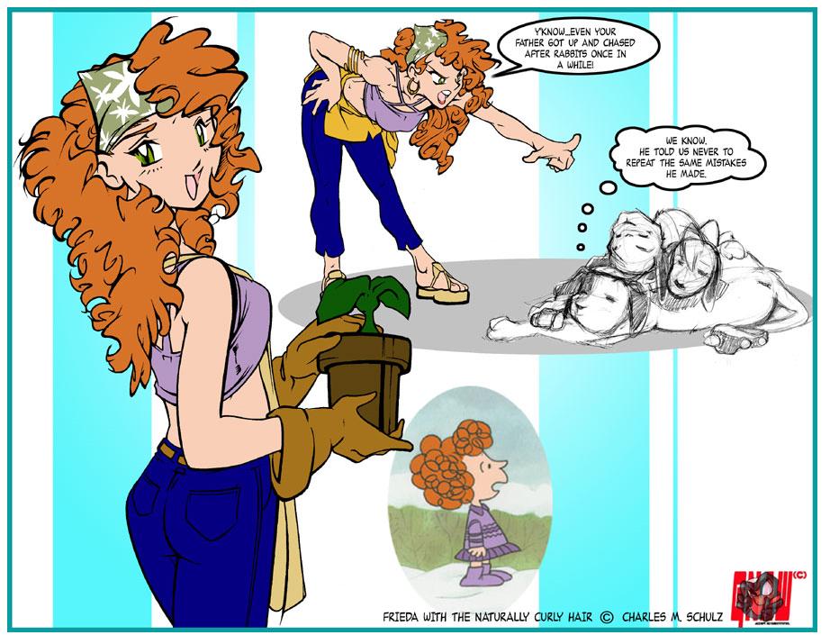 gnaw, frieda, snoopy, peanuts (comic), platform footwear, 1girl, aged up, animification, apron, baby animal, bandana, bent over, crop top, curly hair, dog, earrings, english text, gloves, green eyes, hoop earrings, jewelry, long hair, puppy, red hair