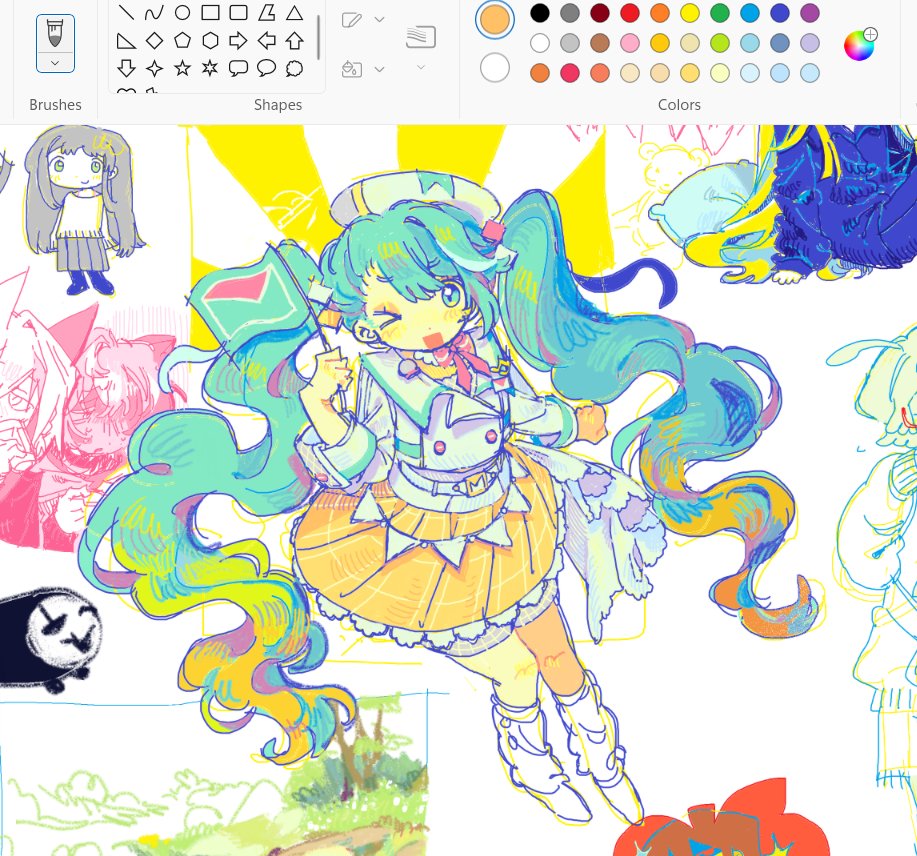 hatsune miku, vocaloid, screencap, microsoft paint (medium), unfinished, > o, 1girl, aqua hair, art program in frame, belt, blue eyes, blue hair, blush, bow, bowtie, buttons, collar, detached sleeves, facing viewer, flag, frilled collar, frills, hair between eyes, hair ornament, holding, holding flag, lapels, long hair, long sleeves, looking at viewer, microsoft paint 3d (medium), multicolored hair, one eye closed, open mouth, paiiyincrepe02, plaid clothes, plaid skirt, sailor collar, shirt, sketch, skirt, sleeve cuffs, smile, solo, string of flags, twintails, uneven twintails, very long hair, wavy hair