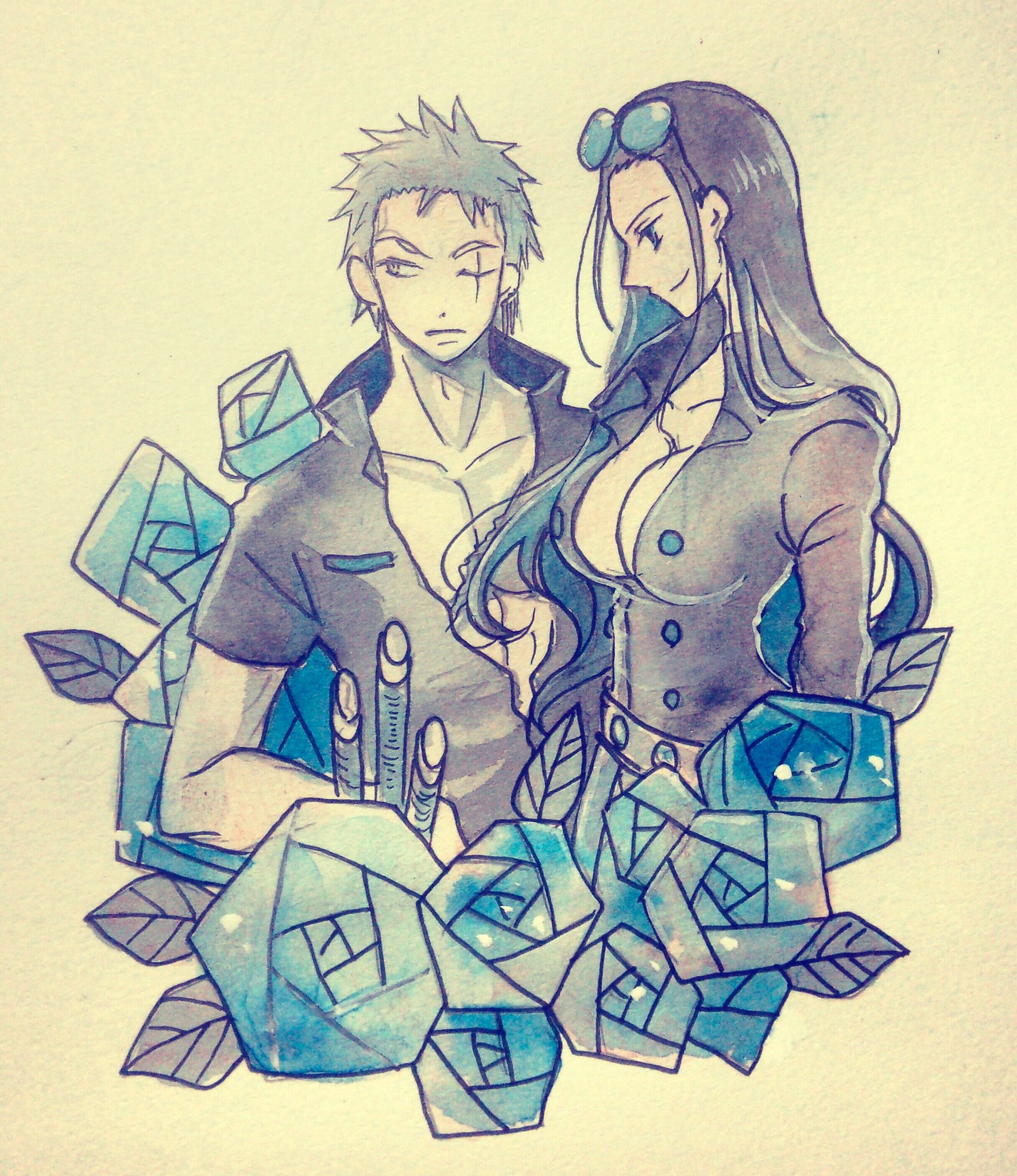 shirokuma no g, nico robin, roronoa zoro, one piece, one piece film: gold, commentary request, highres, 1boy, 1girl, abs, blue-tinted eyewear, blue flower, breasts, cleavage, closed mouth, earrings, eyewear on head, flower, high collar, jewelry, looking ahead, looking to the side, one eye closed, scar, scar across eye, scar on face, short hair, short sleeves, sidelocks, simple background, tinted eyewear