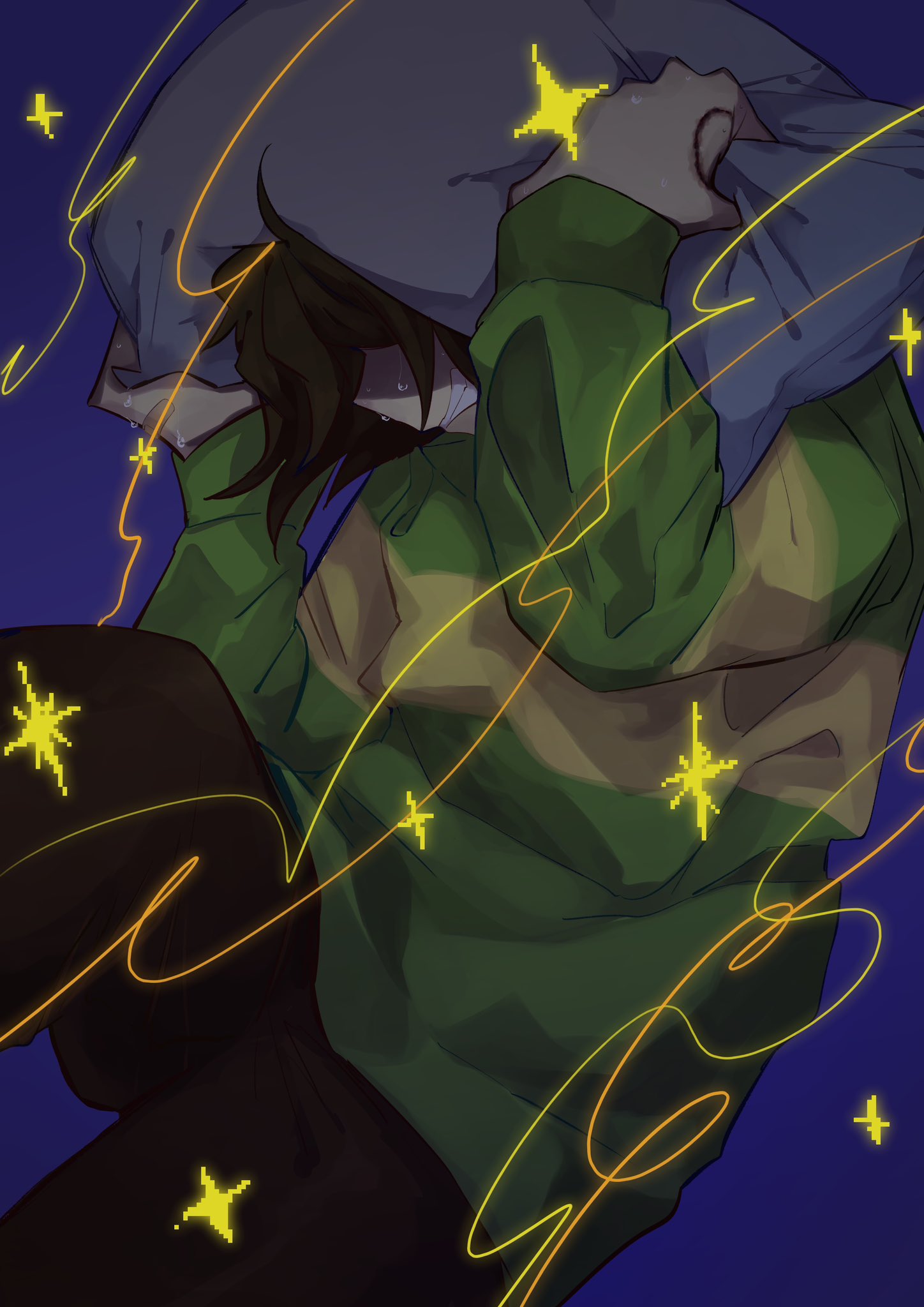 kris (deltarune), deltarune, utdr (toby fox), commentary, highres, 1other, 5x5fo, black pants, blue background, covering head, green sweater, other focus, pants, pillow, single horizontal stripe, solo, striped clothes, striped sweater, sweater