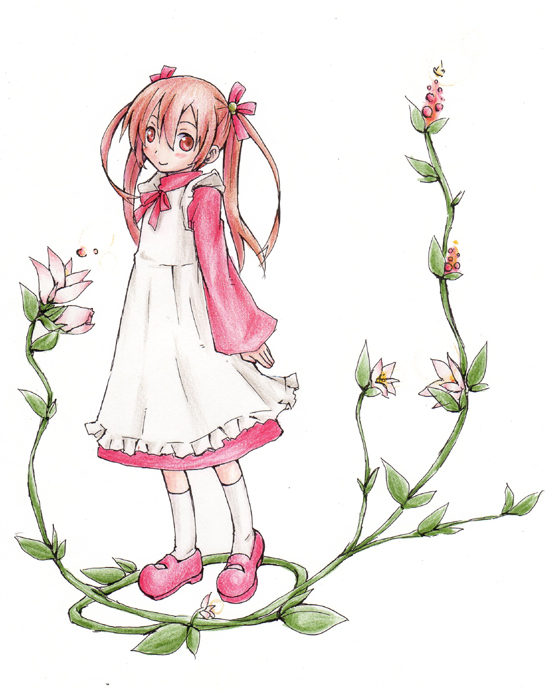 asahikawa hiyori, 1girl, dress, female focus, flower, long hair, pink eyes, pink hair, pink shoes, ponytail, red eyes, shoes, solo, twintails