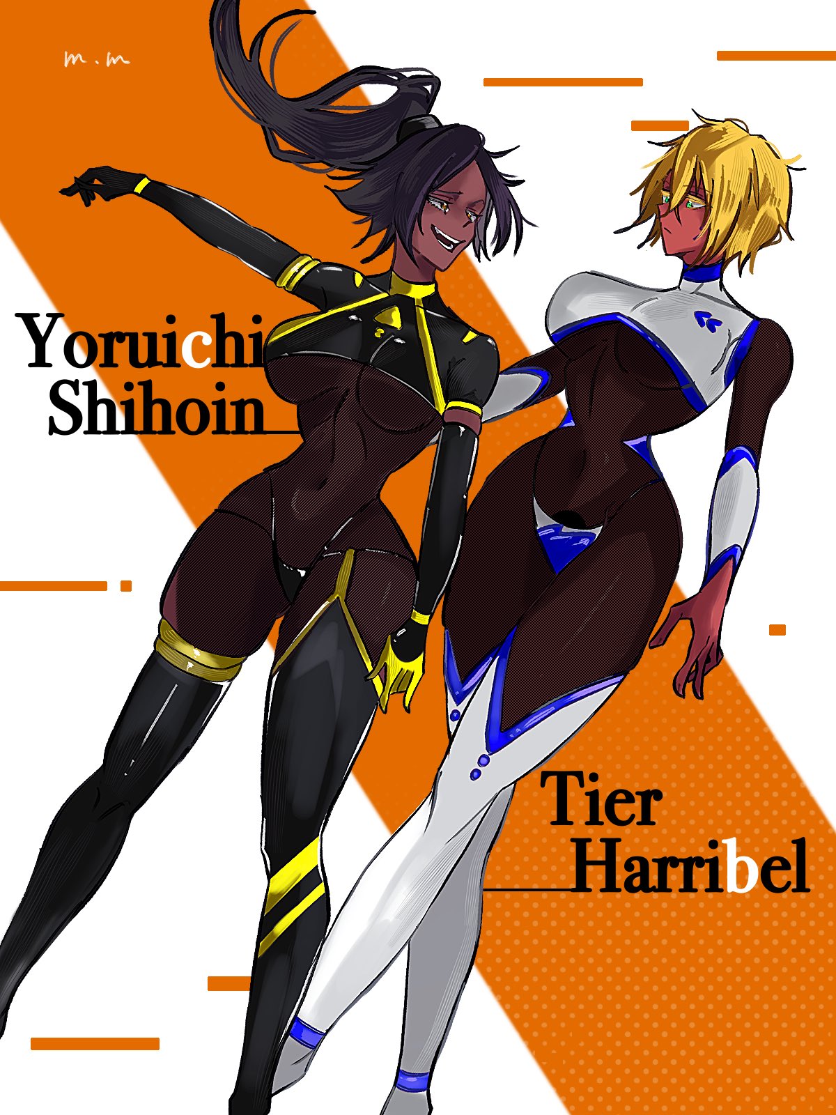 mmsb 551, shihouin yoruichi, tier harribel, bleach, 2girls, artist name, blonde hair, bodysuit, breasts, character name, colored eyelashes, dark-skinned female, dark skin, espada, facial mark, full body, green eyes, hair ornament, impossible bodysuit, impossible clothes, large breasts, long hair, medium hair, multiple girls, parted bangs, ponytail, purple hair, yellow eyes
