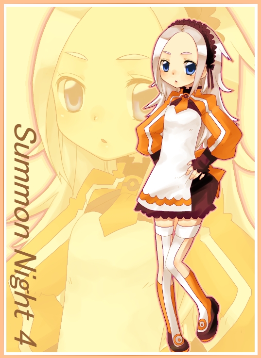 kazuha souju, fea (summon night), fea (summon night 4), summon night, summon night 4, silver hair, 1girl, female focus, hairband, hands on own hips, solo, thighhighs, zoom layer